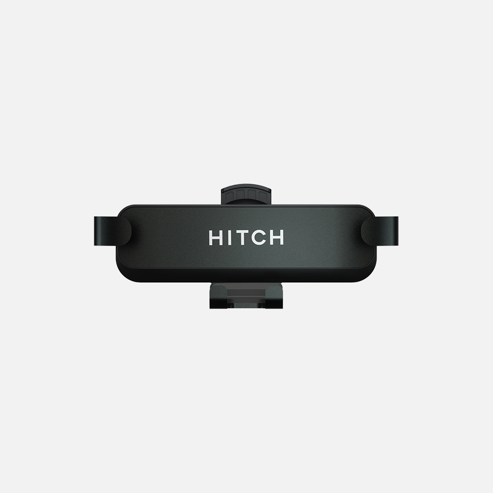 Black smartphone holder with 'HITCH' label top view