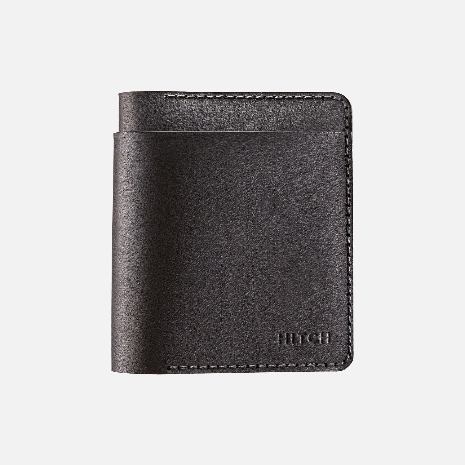 Black leather men's wallet with stitched edges on a white background.