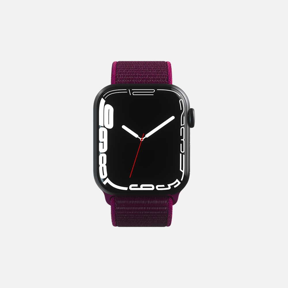 Purple smartwatch with black display on white background