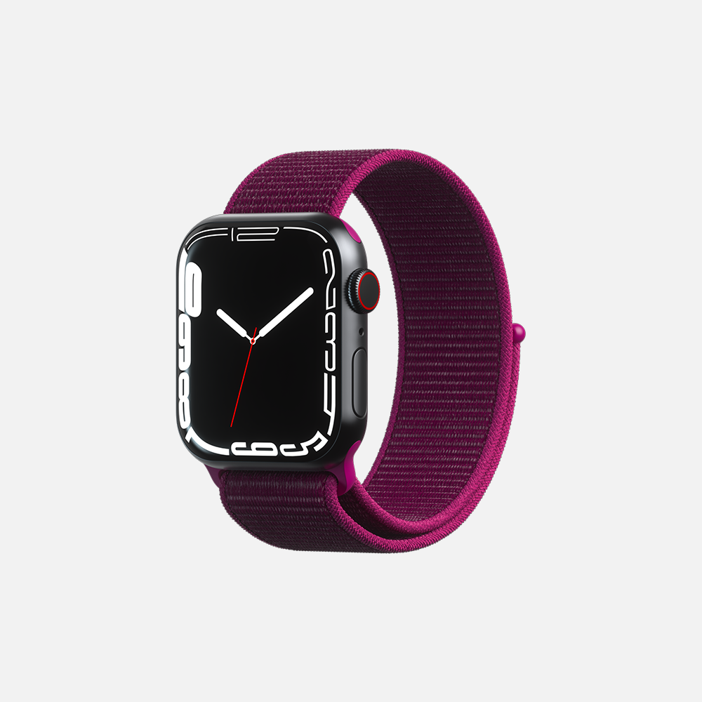 Smartwatch with digital face and purple loop band on white background