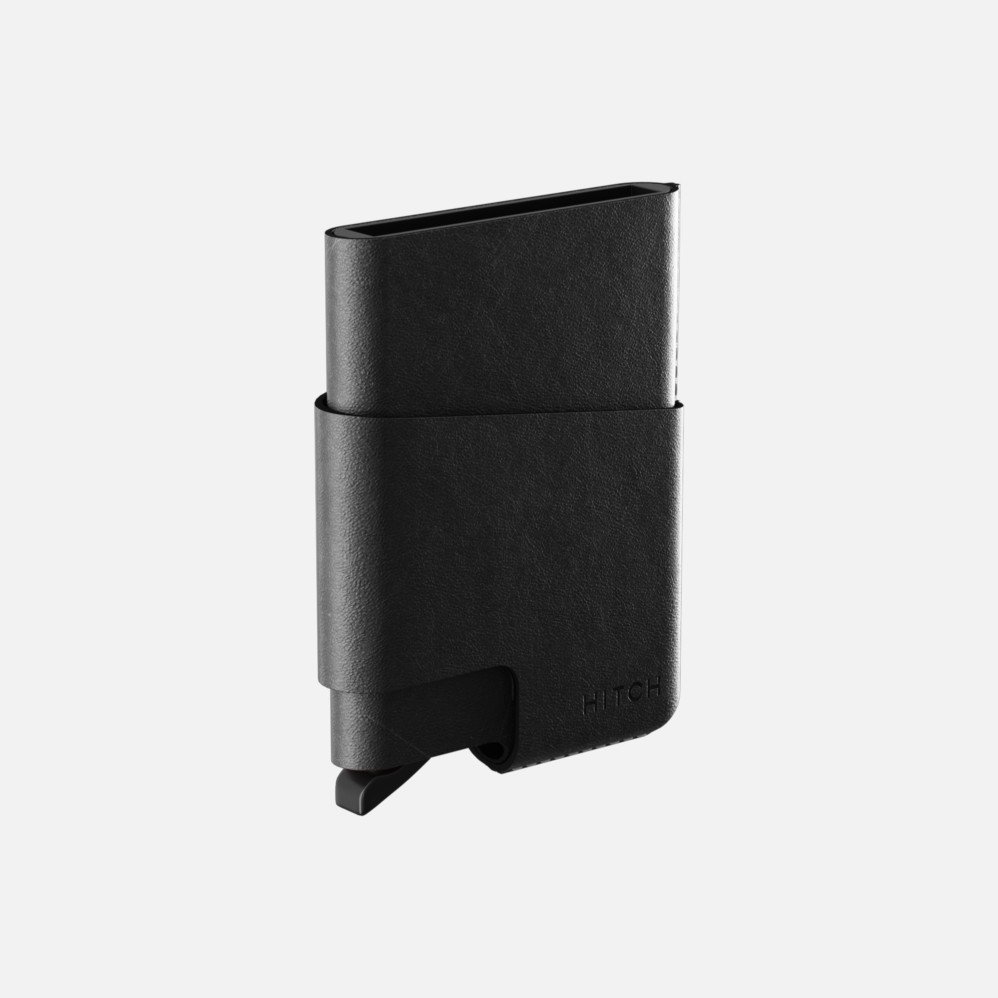 Solid black minimalist wallet, front view, isolated on white.