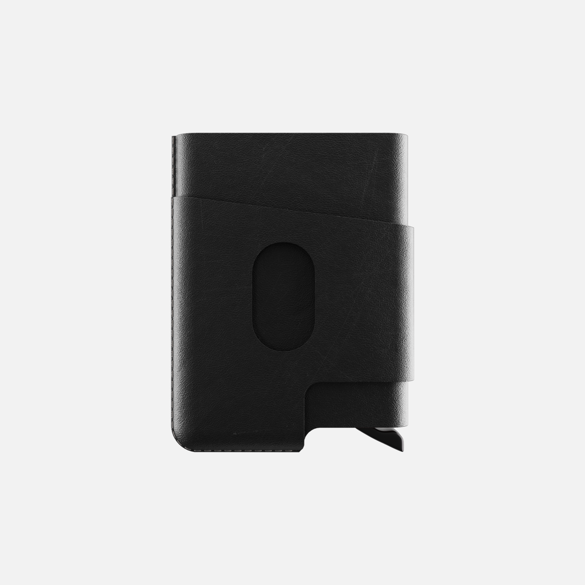Back view of black minimalist wallet with card holder slot.