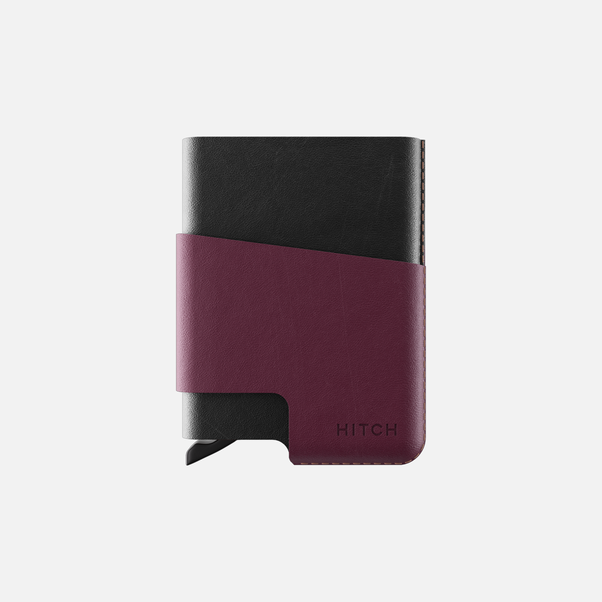 Black and purple leather wallet with visible stitching and embossed 'HITCH' logo.
