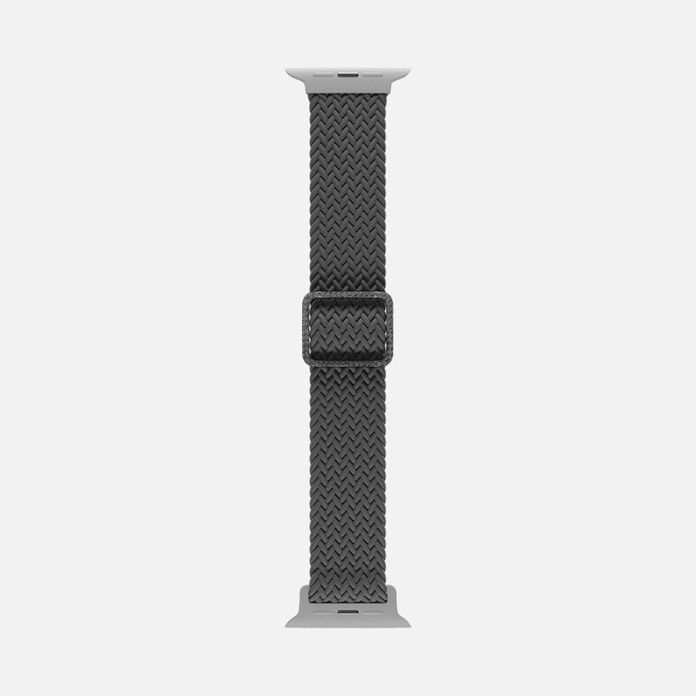 Gray braided solo loop band for smartwatch isolated on white background.