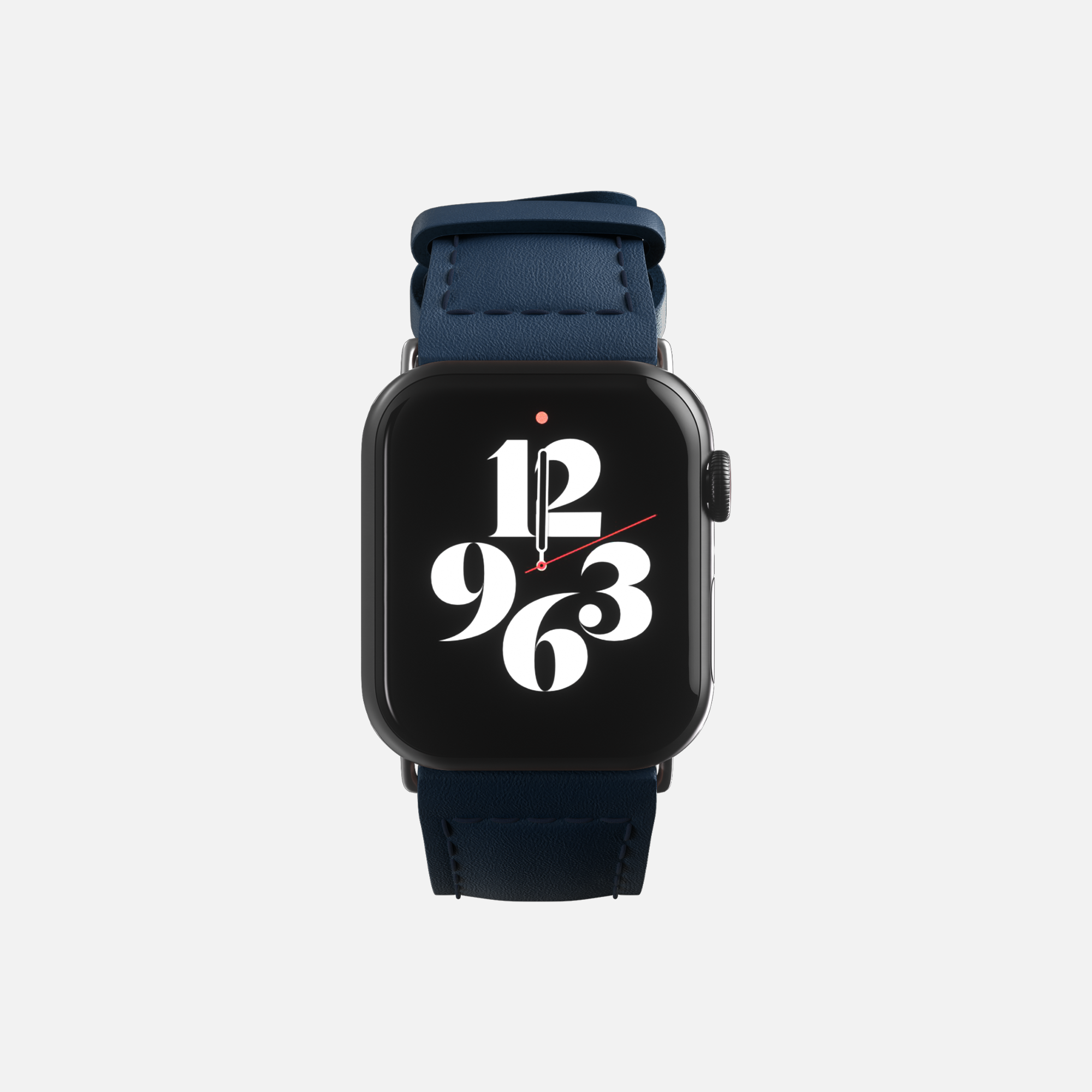 Modern Apple smartwatch with blue strap and stylized clock face design on white background.