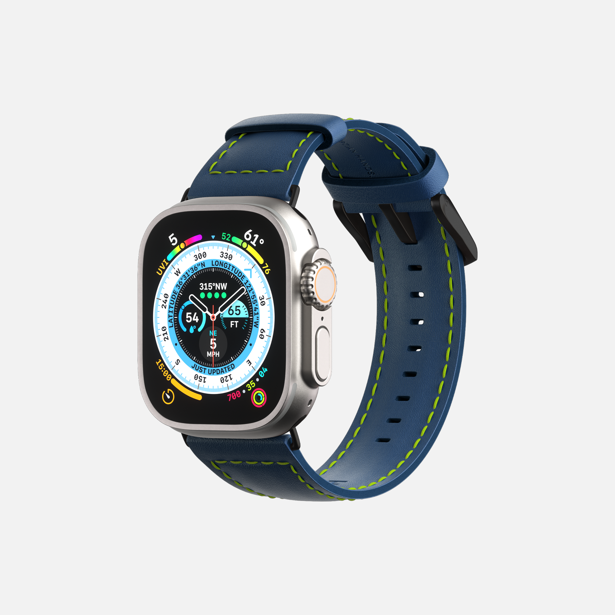 Apple Smartwatch with navigation display and blue strap on a white background.