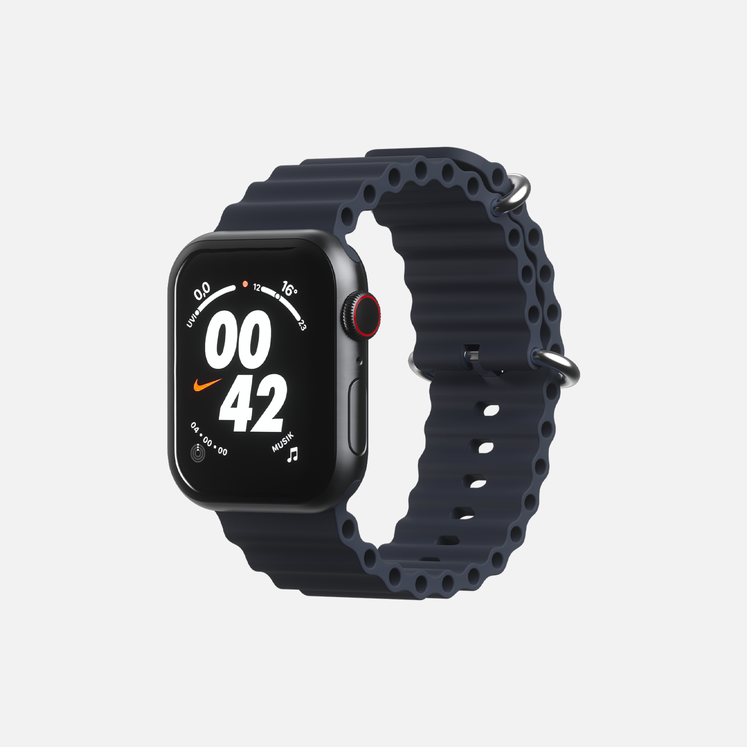 Apple Smartwatch with black sport band and digital watch face displaying time and fitness tracker.