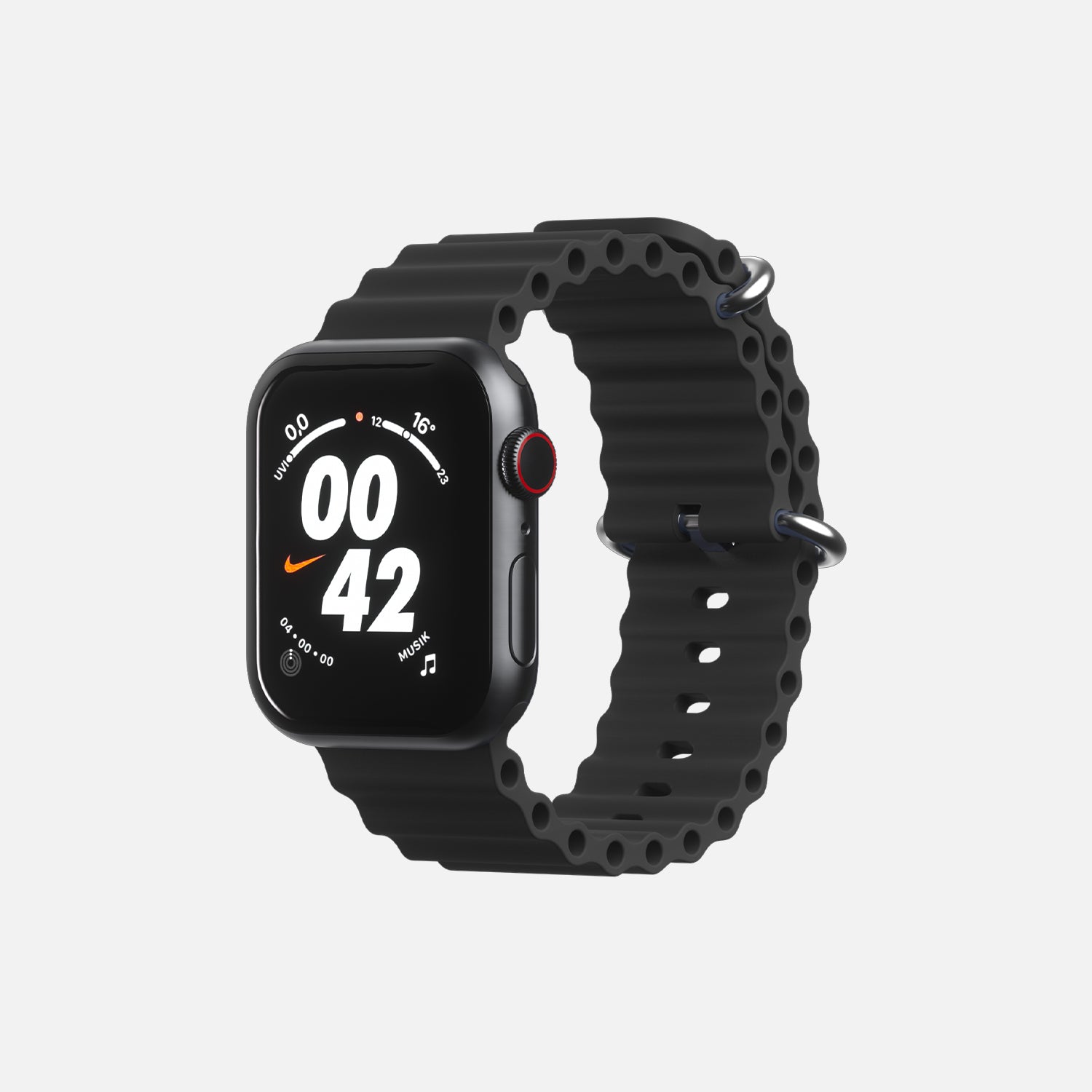 Black Apple smartwatch with sport band and digital display showing time and Nike logo.