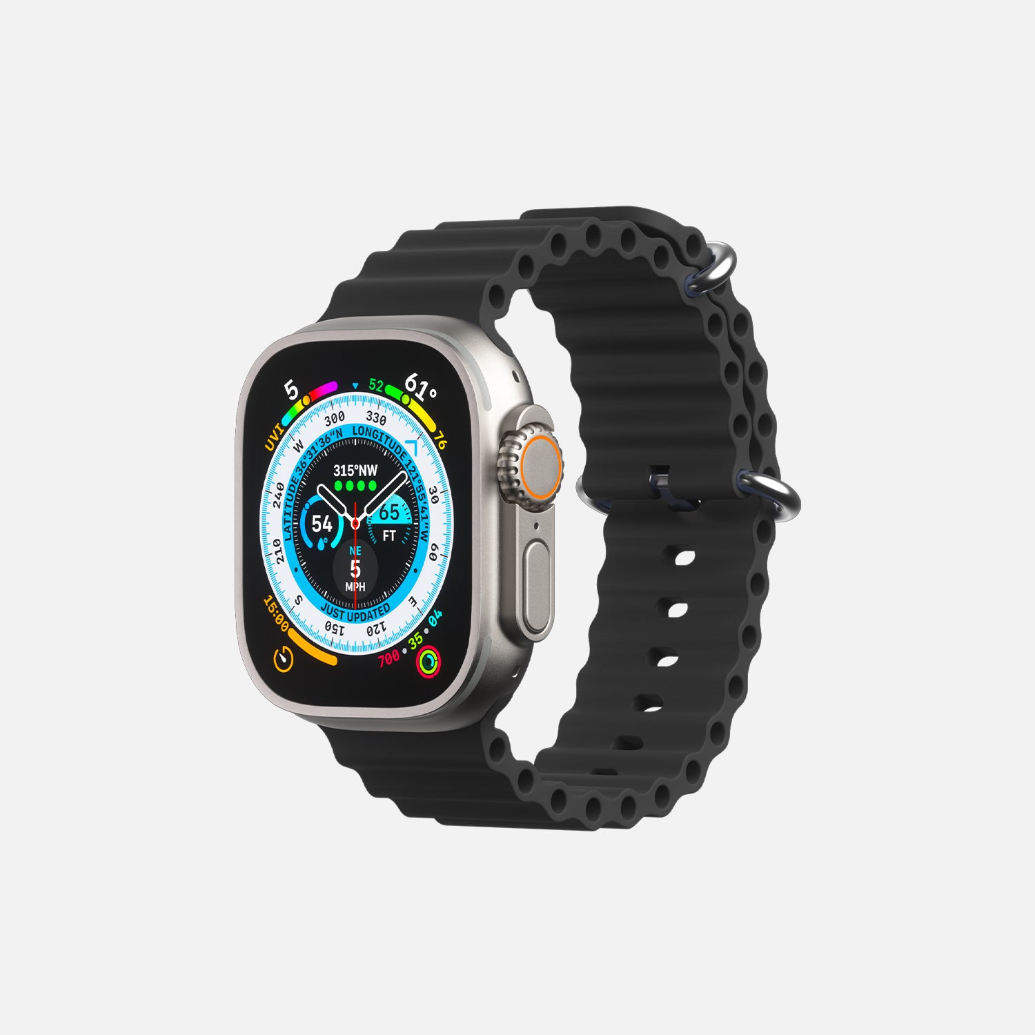 Apple Smartwatch with fitness tracking display and black sports band on white background.
