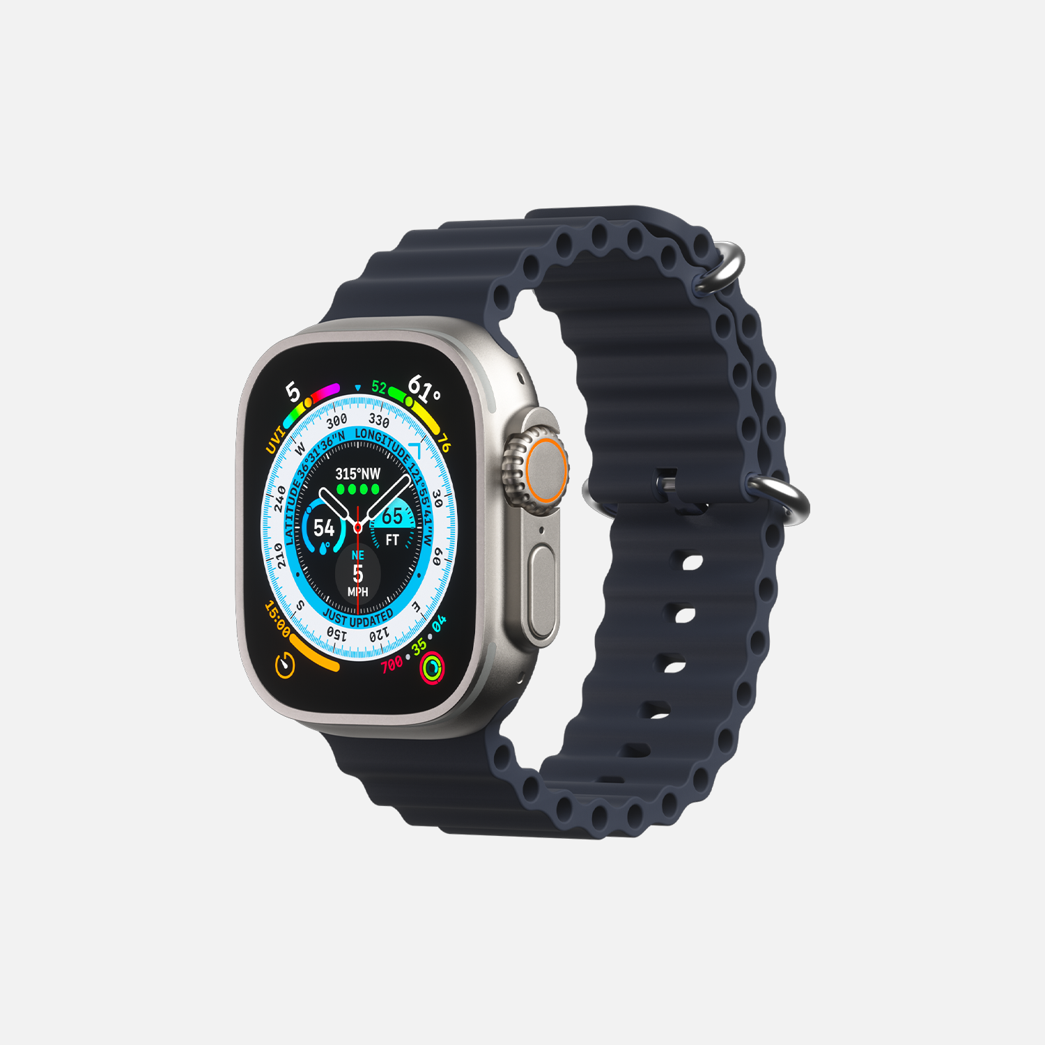Apple Smartwatch with black sports band and colorful display showcasing fitness tracking features.