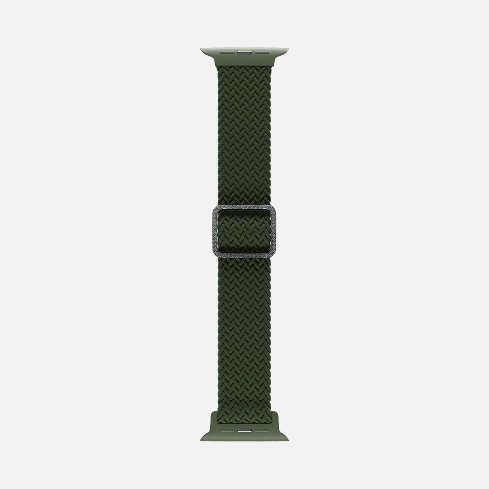Olive green braided solo loop watch band isolated on a white background.
