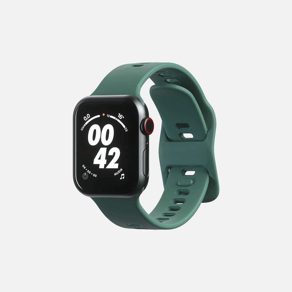Green smartwatch with digital display isolated on white background, showing time and activity tracking."