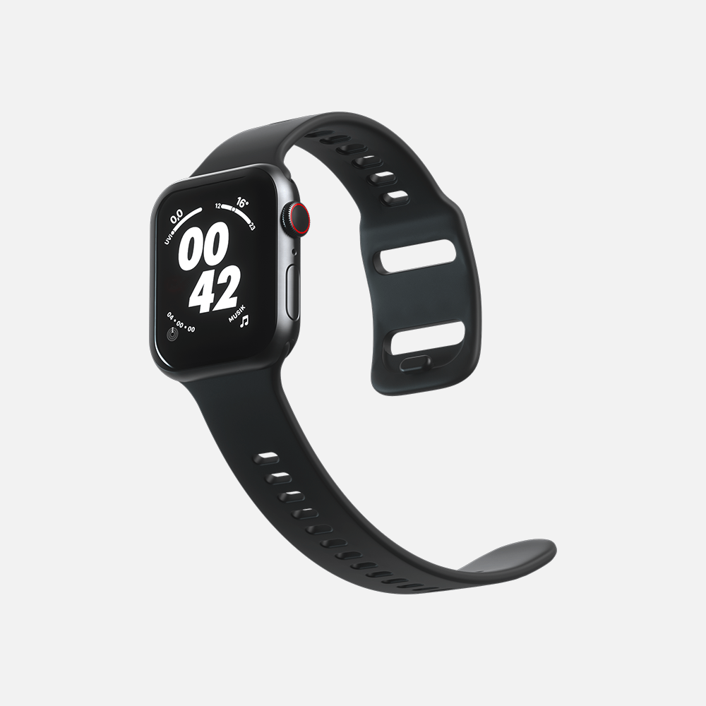 Black smartwatch with digital display and sports band on white background.