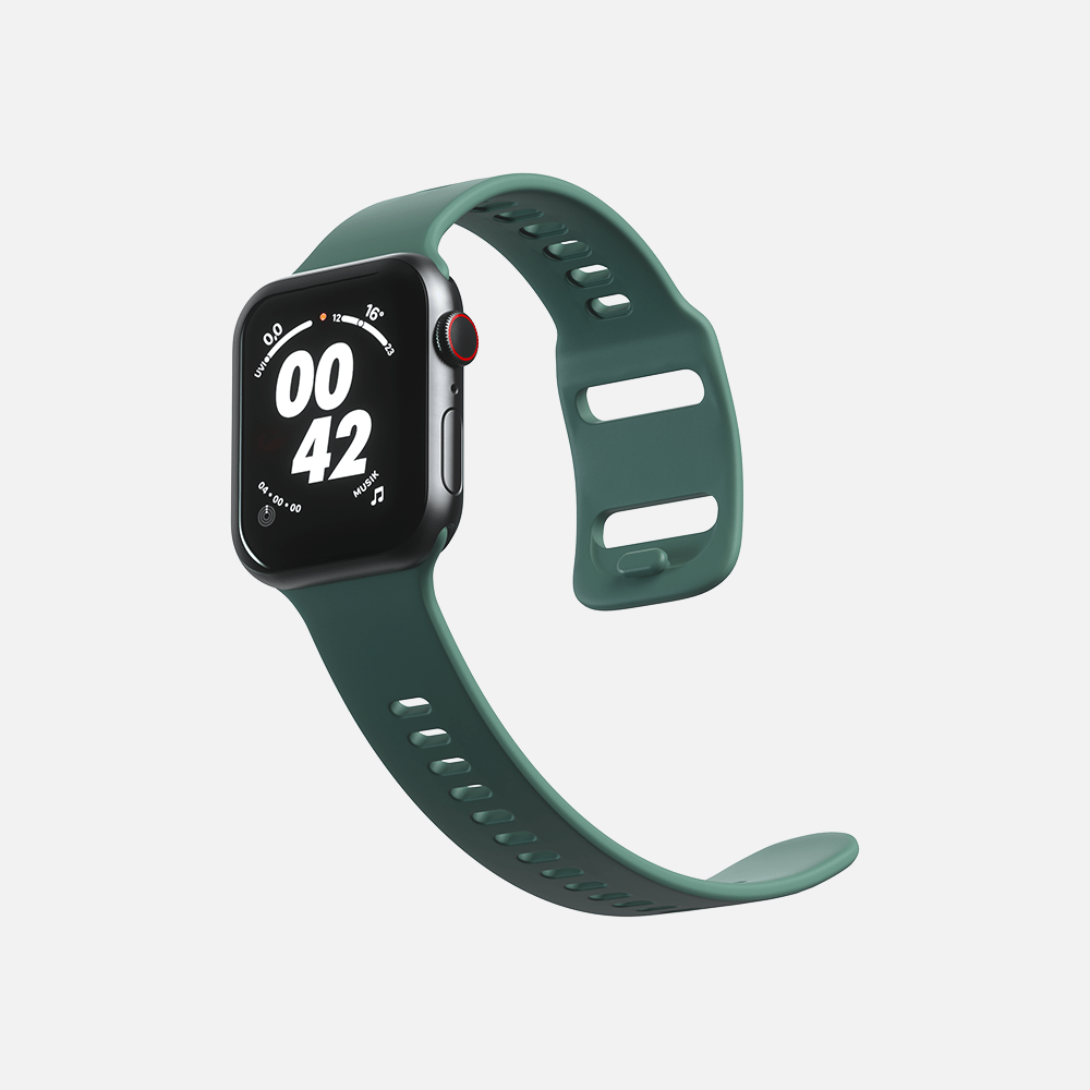 Green smartwatch with digital display on white background.