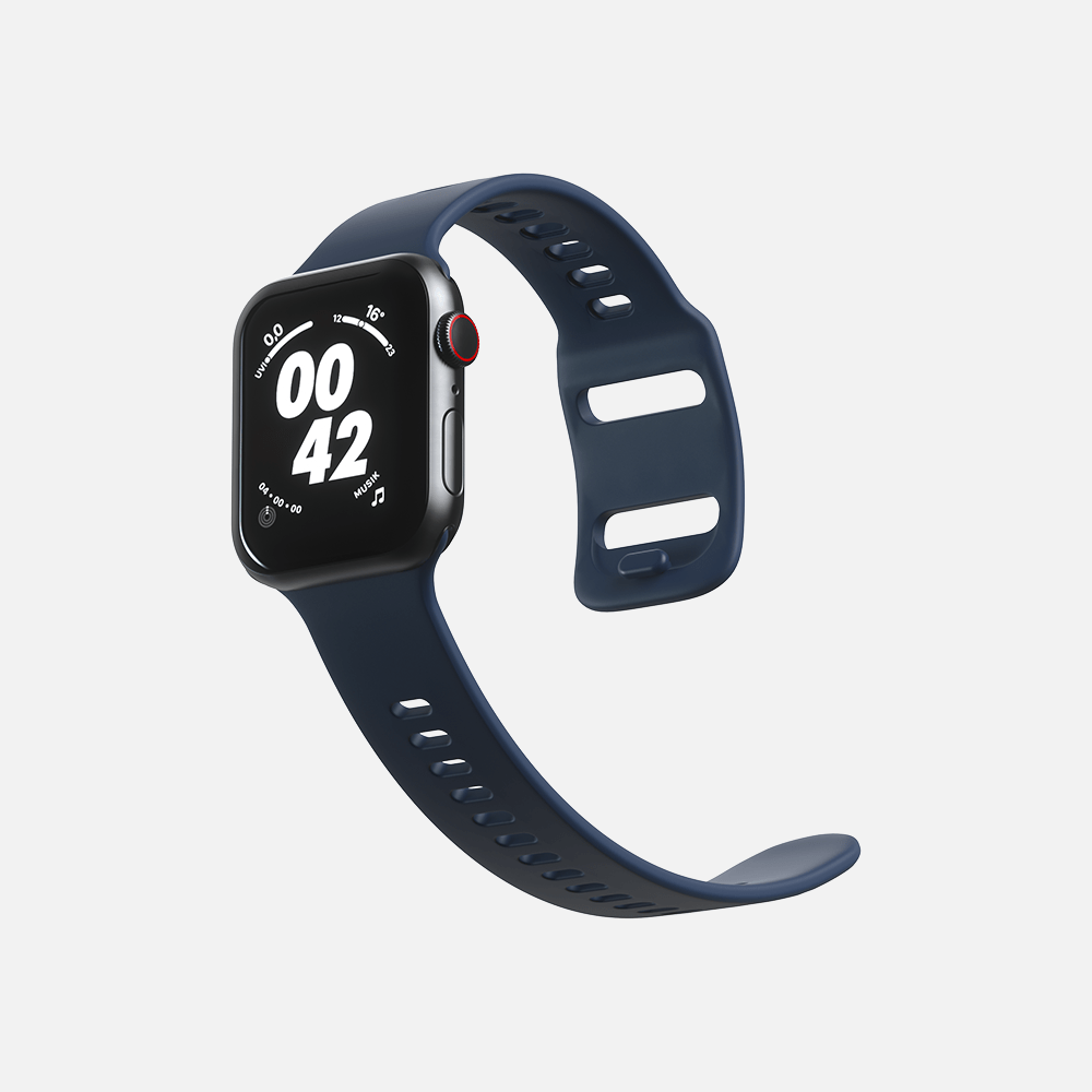 Smartwatch with digital display and navy blue sport band on a white background"