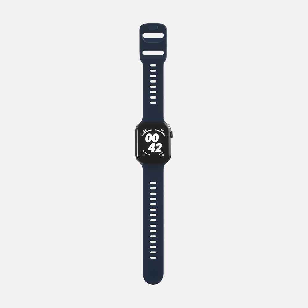 Smartwatch with black display and blue strap on white background.