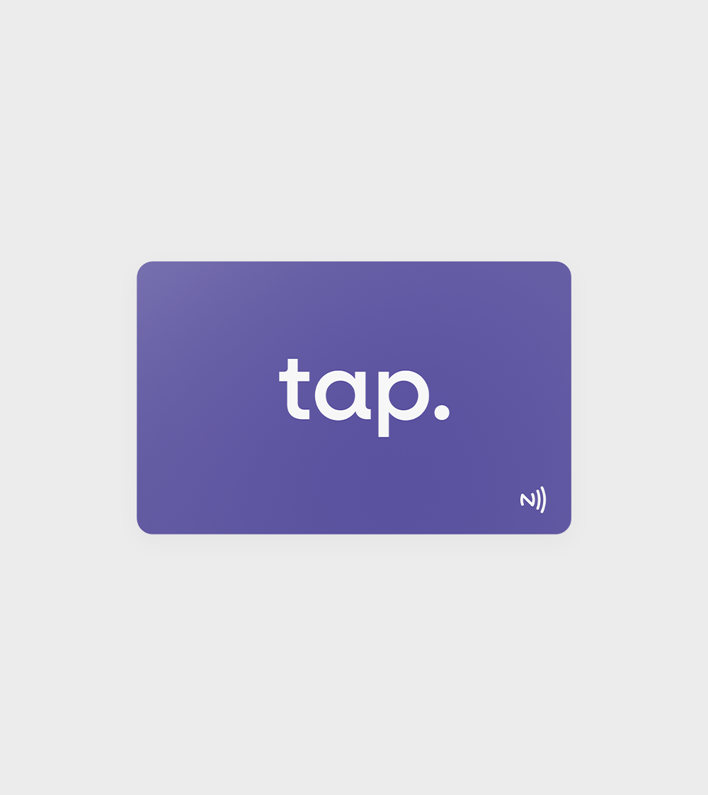 Purple tap. NFC-enabled business card front view with logo.