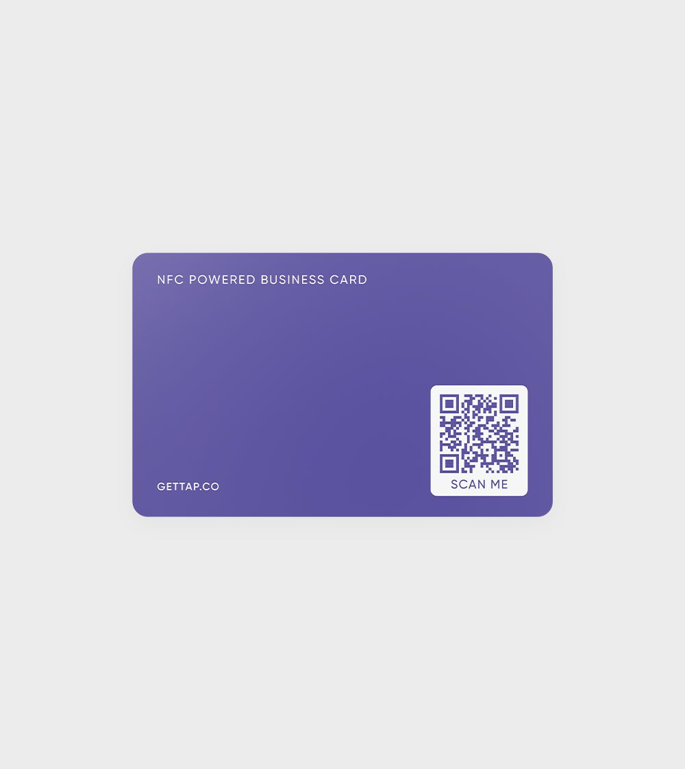 NFC business card back with QR code on purple background.