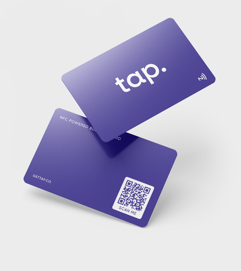 Pair of purple NFC business cards angled on white background.