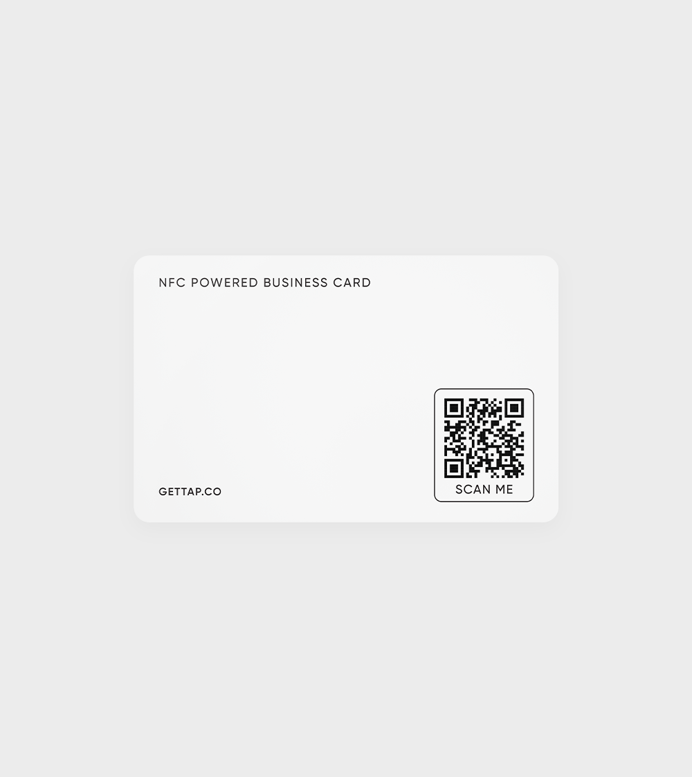 NFC business card back with QR code on white background.