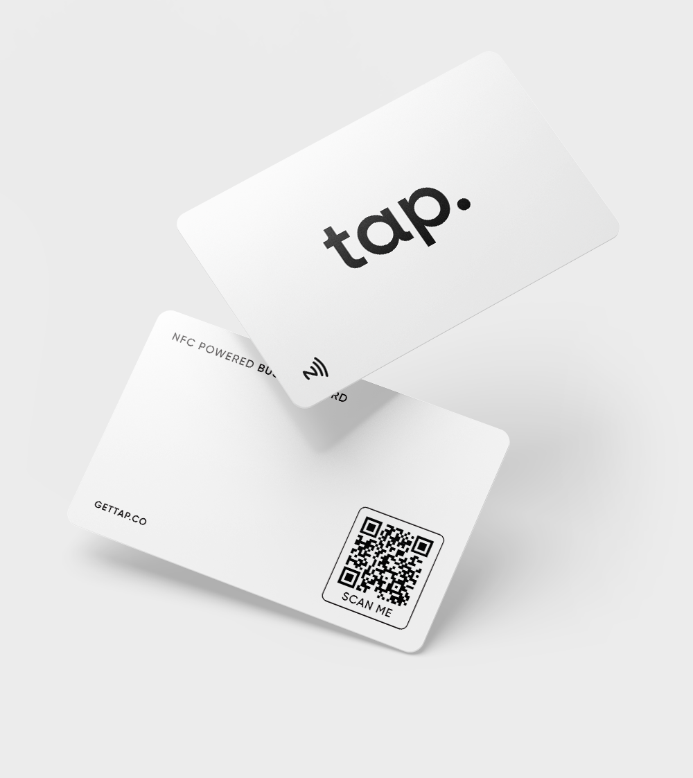 Two white NFC business cards overlapped at an angle.