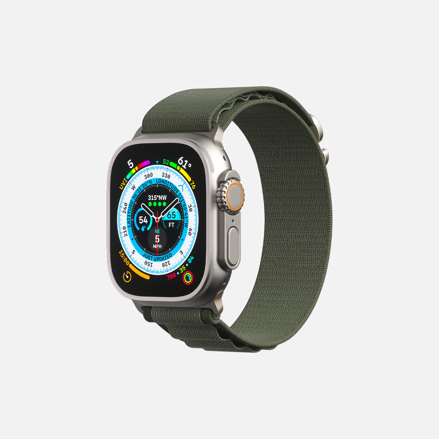 Smartwatch with navigational watch face and sage green strap on a white background.
