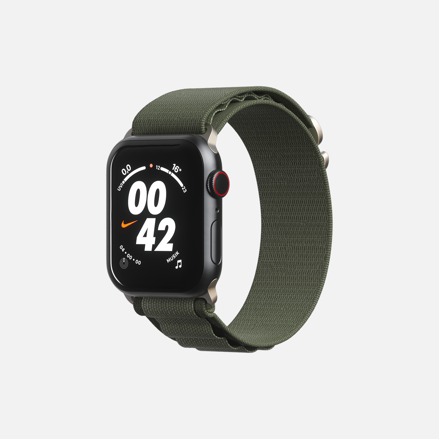 Smartwatch with black display showing time and Nike logo, sage green sport band, on a white background.
