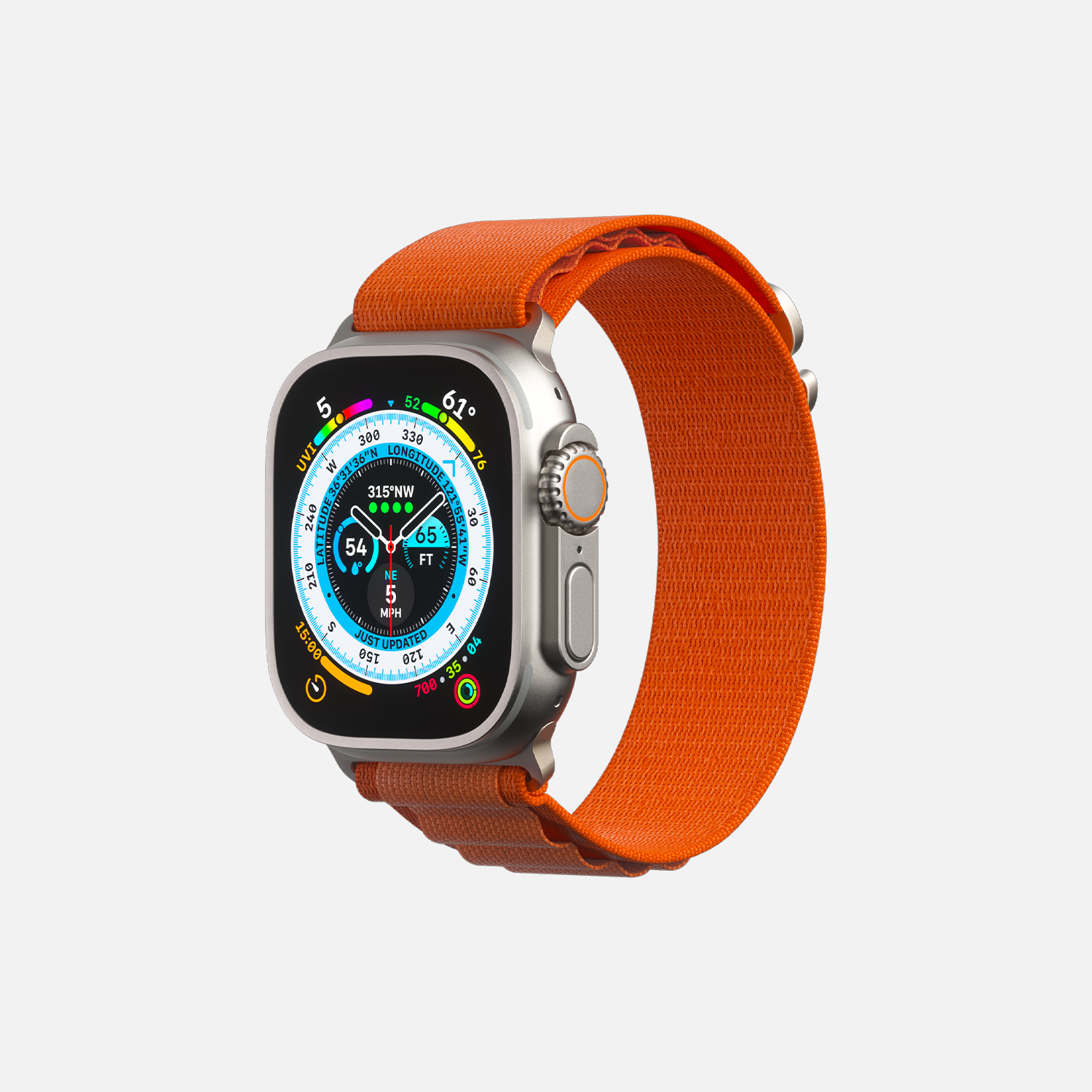 Smartwatch with orange strap and detailed digital compass face on white background.