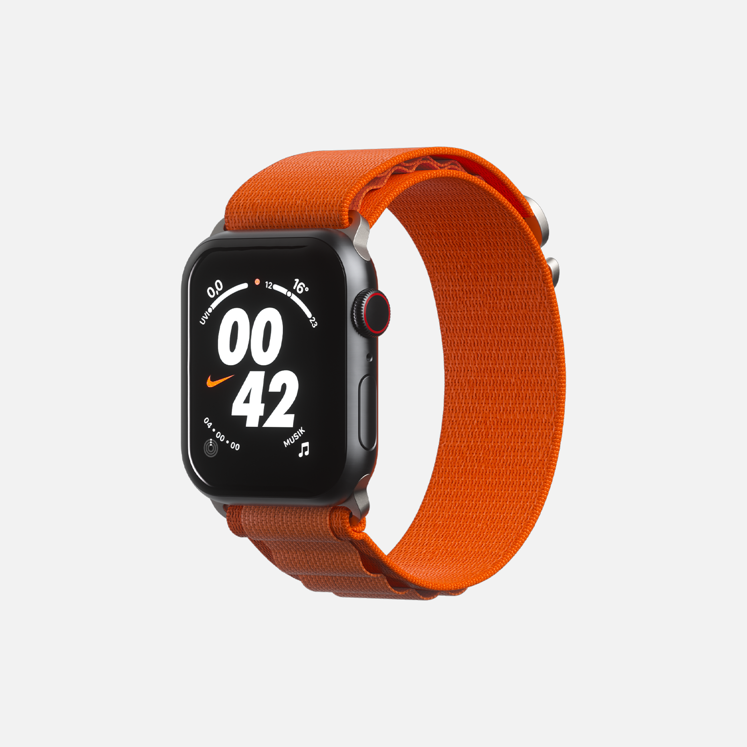 Orange sports smartwatch with digital display on white background.