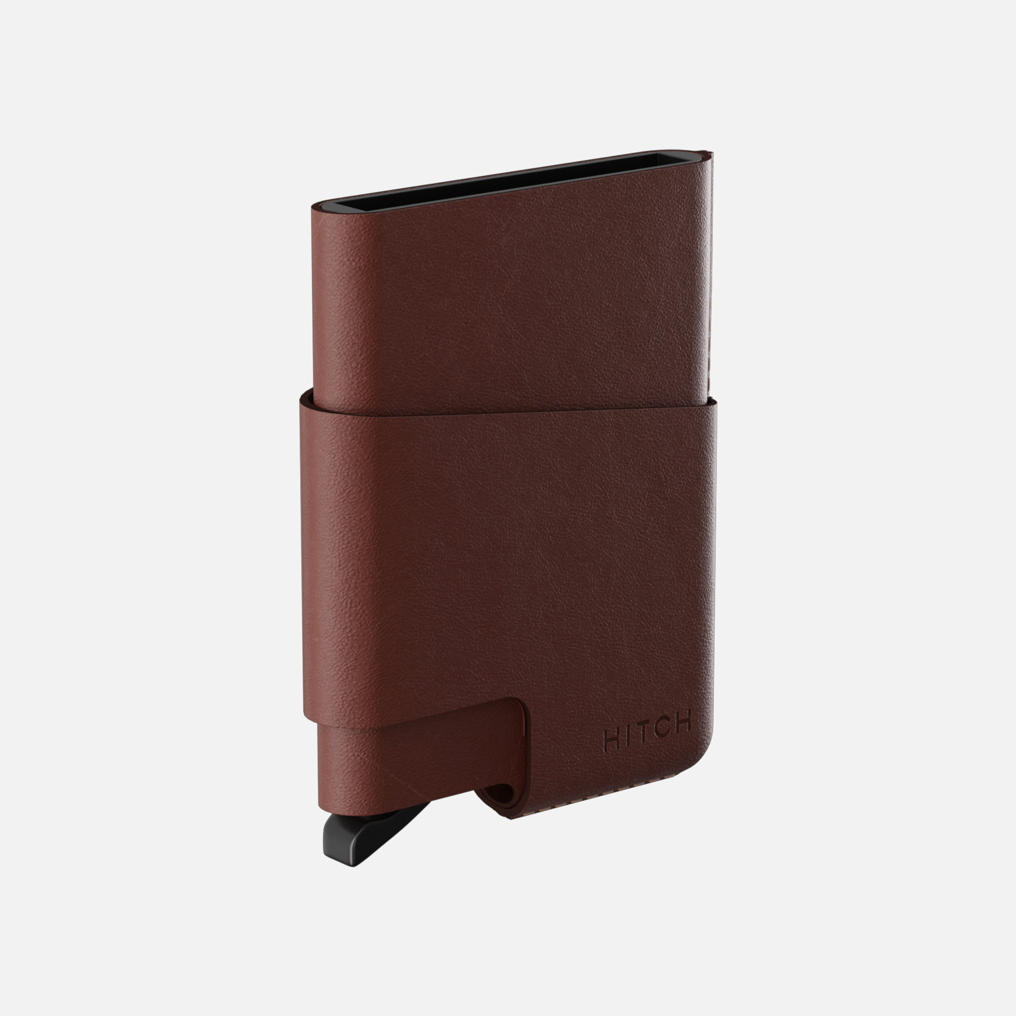 Brown minimalist leather wallet, 45-degree angle view on white.