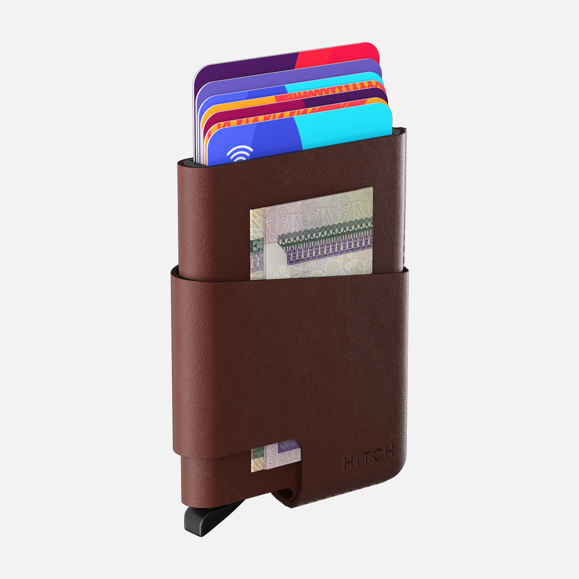 Brown wallet with credit cards and Egyptian banknote visible.