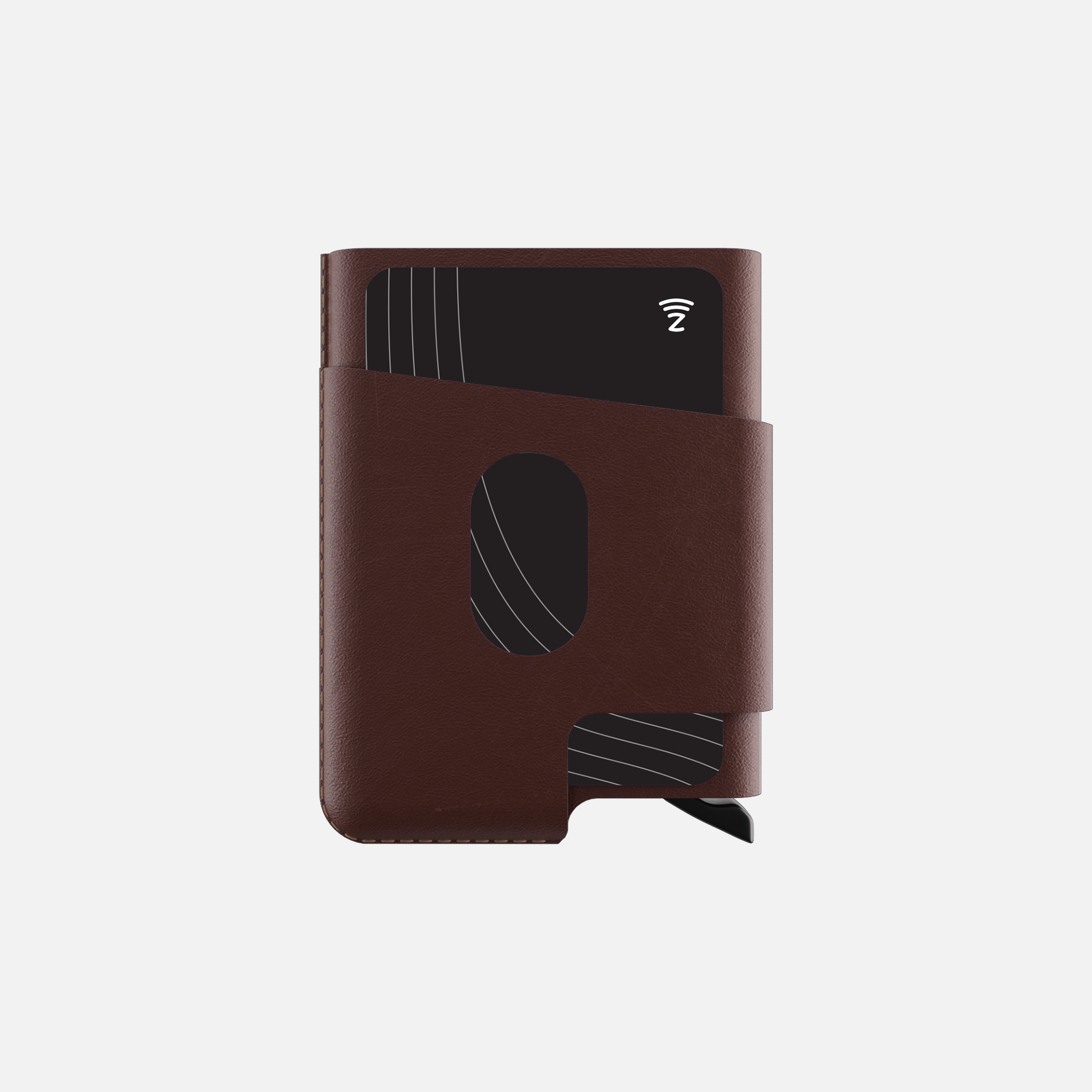 Brown leather wallet slip with contactless card inside.