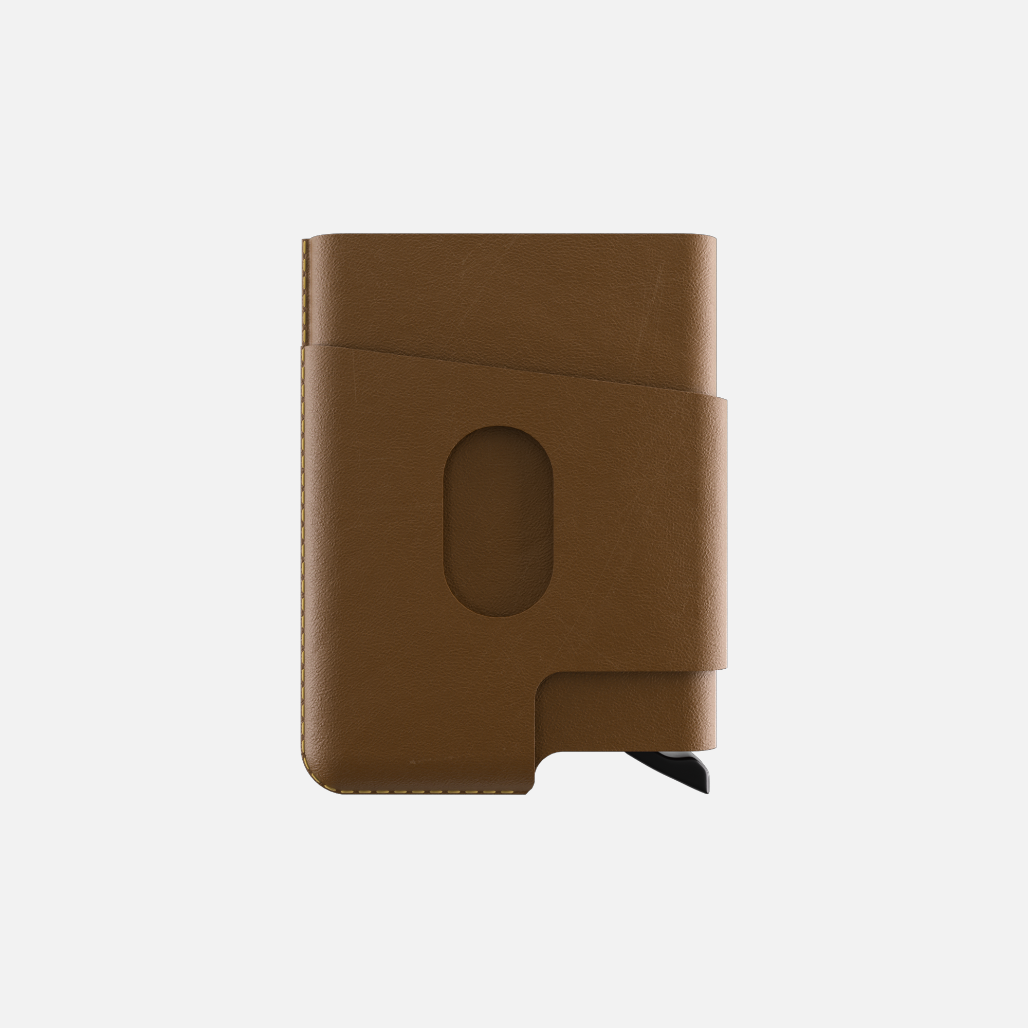 Brown leather cardholder with strap closure on a white background.