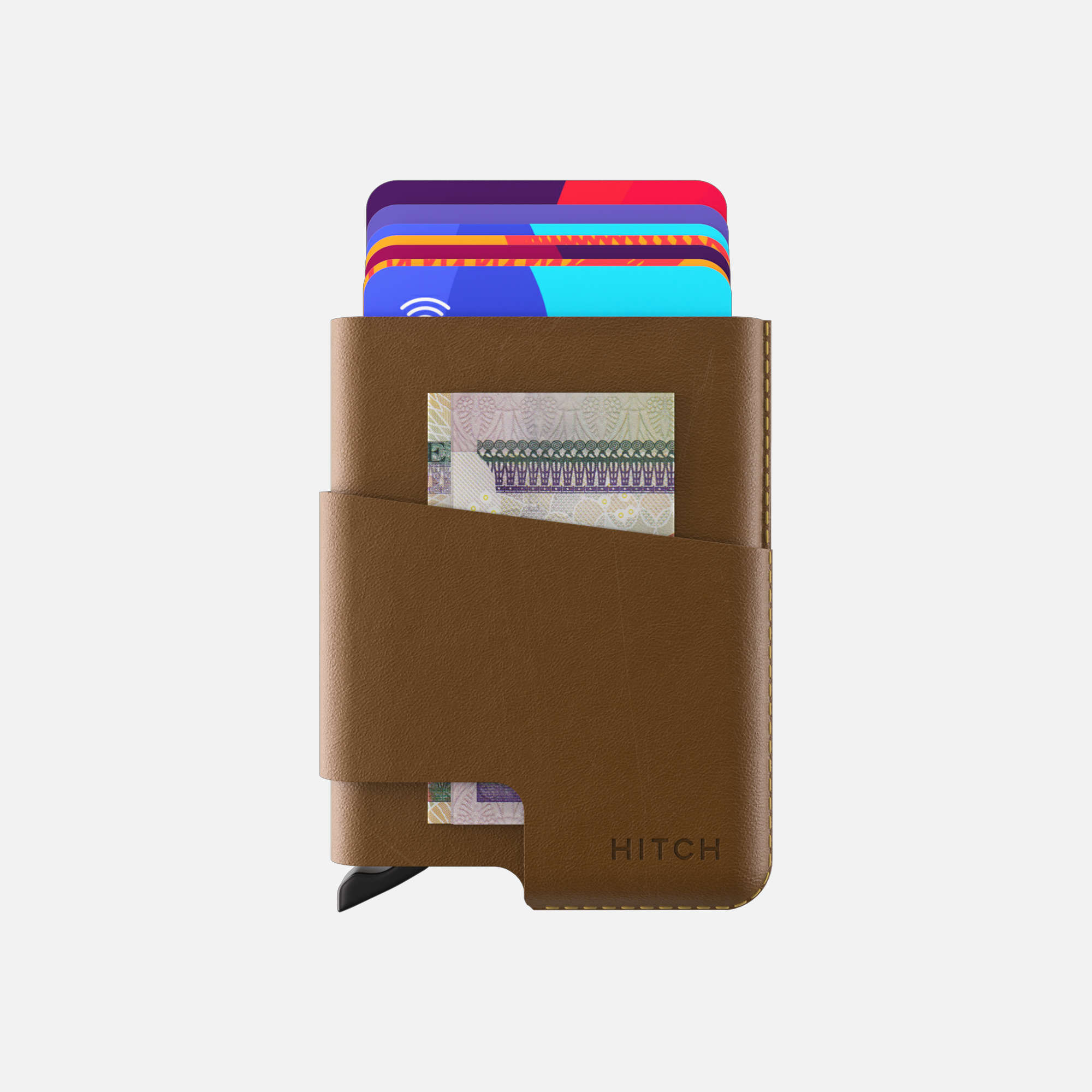 Brown leather wallet with credit cards and cash visible on white background.