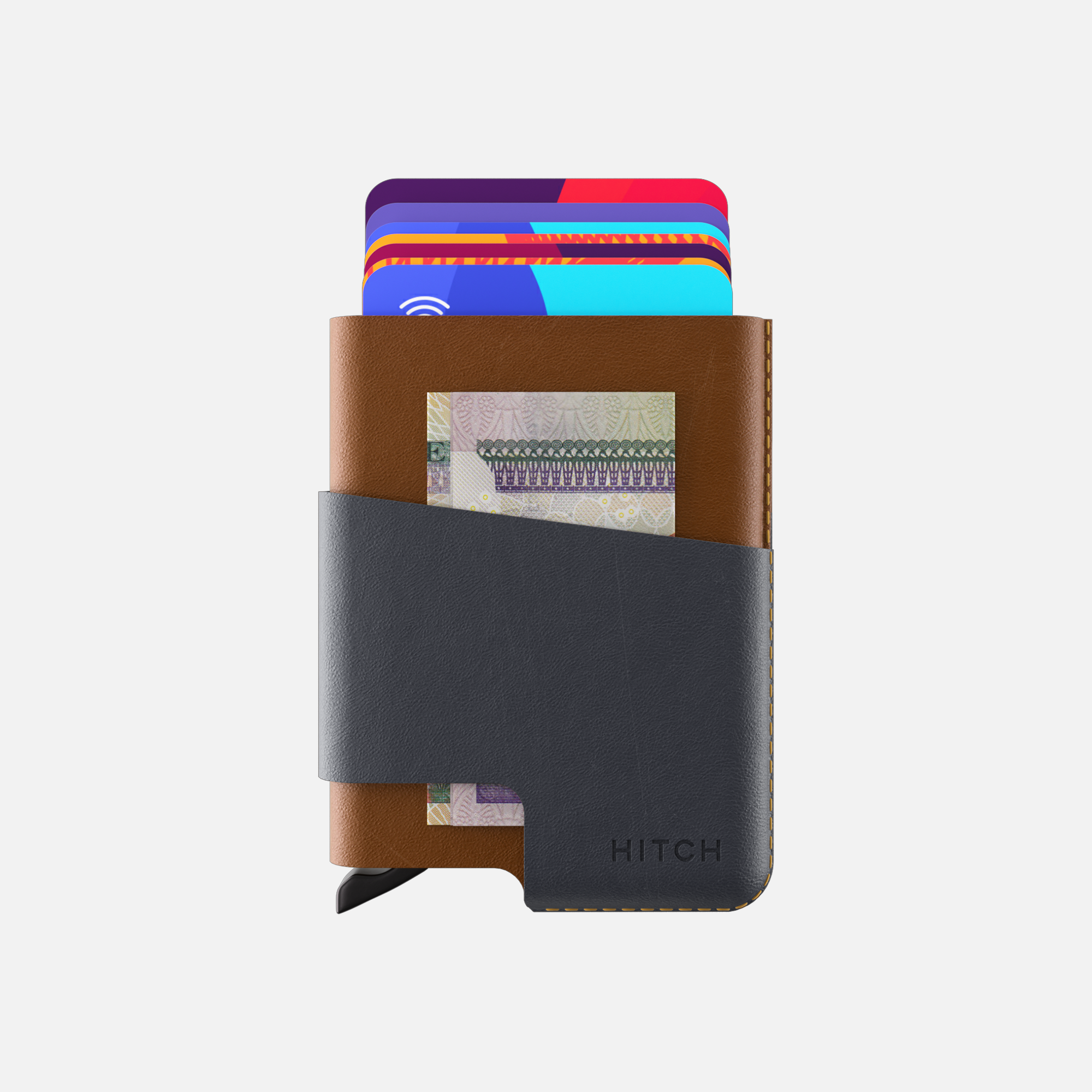 CUT-OUT Cardholder Leather wallet with credit cards and cash on white background.