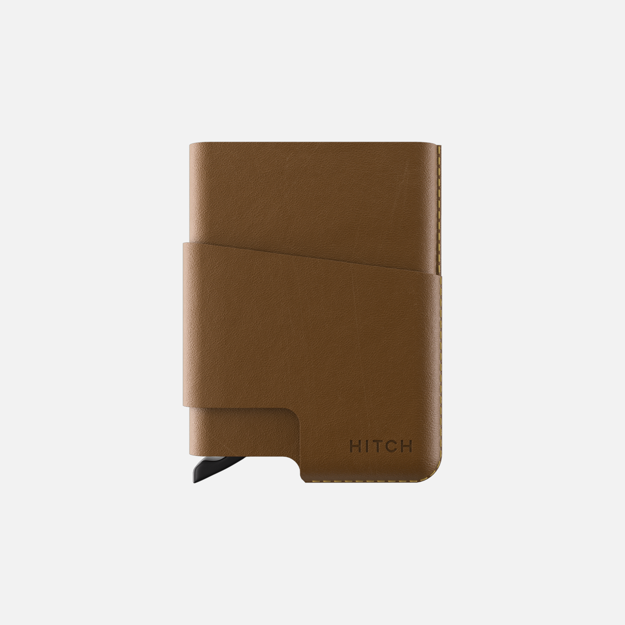 Brown leather cardholder cover with elastic closure on a white background."