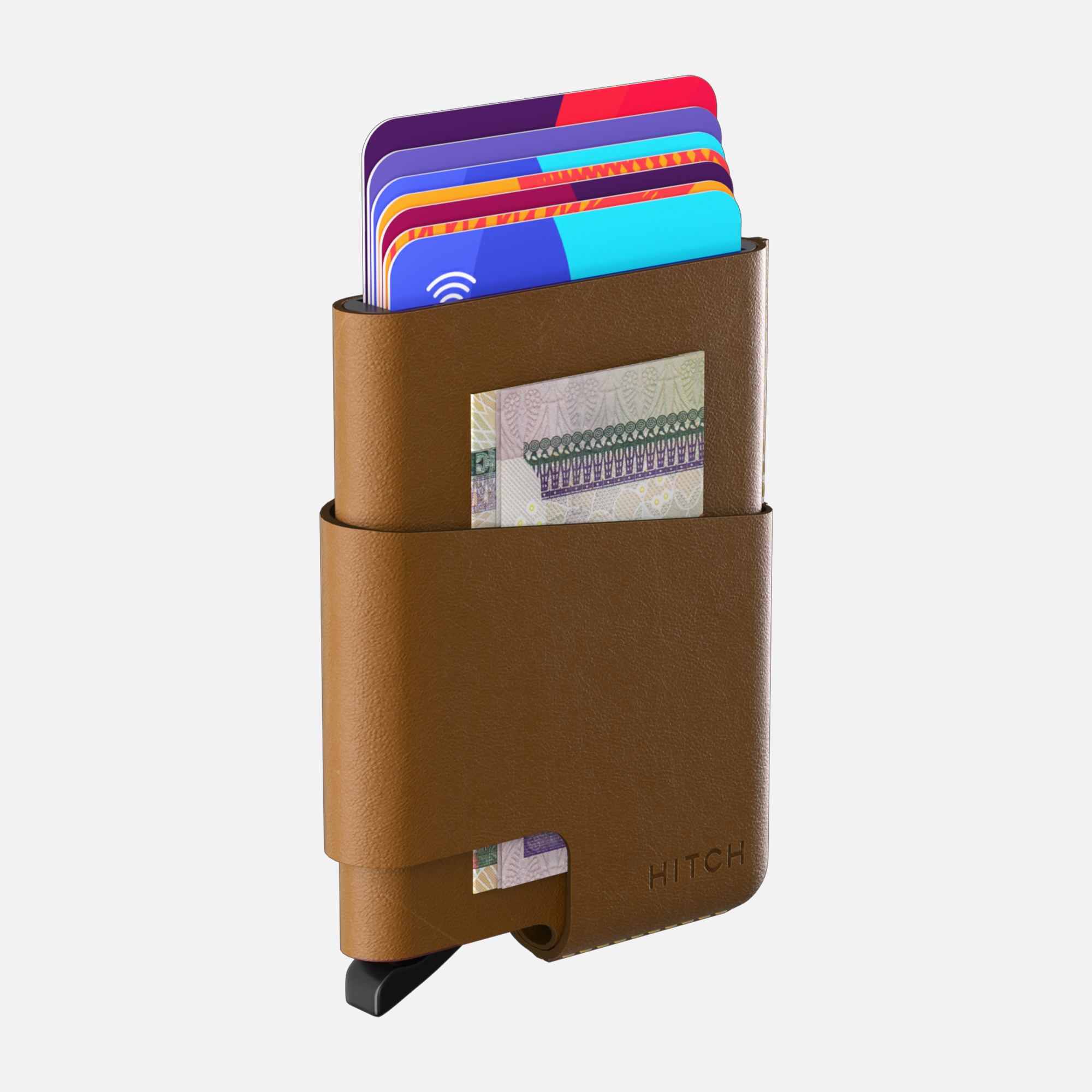 Brown leather wallet with multiple colorful credit cards on white background.