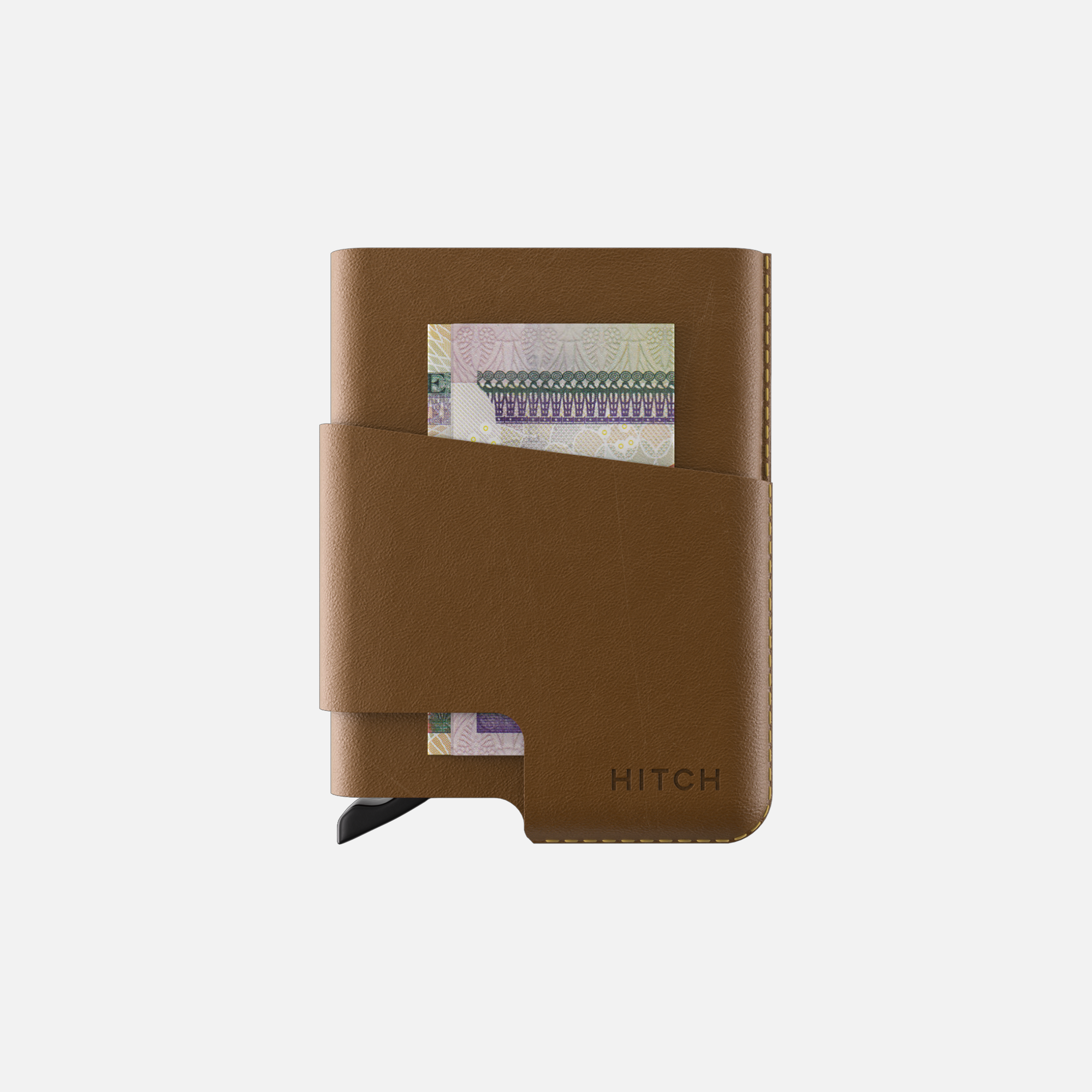 Brown leather cardholder cover with money slot, isolated on white background.