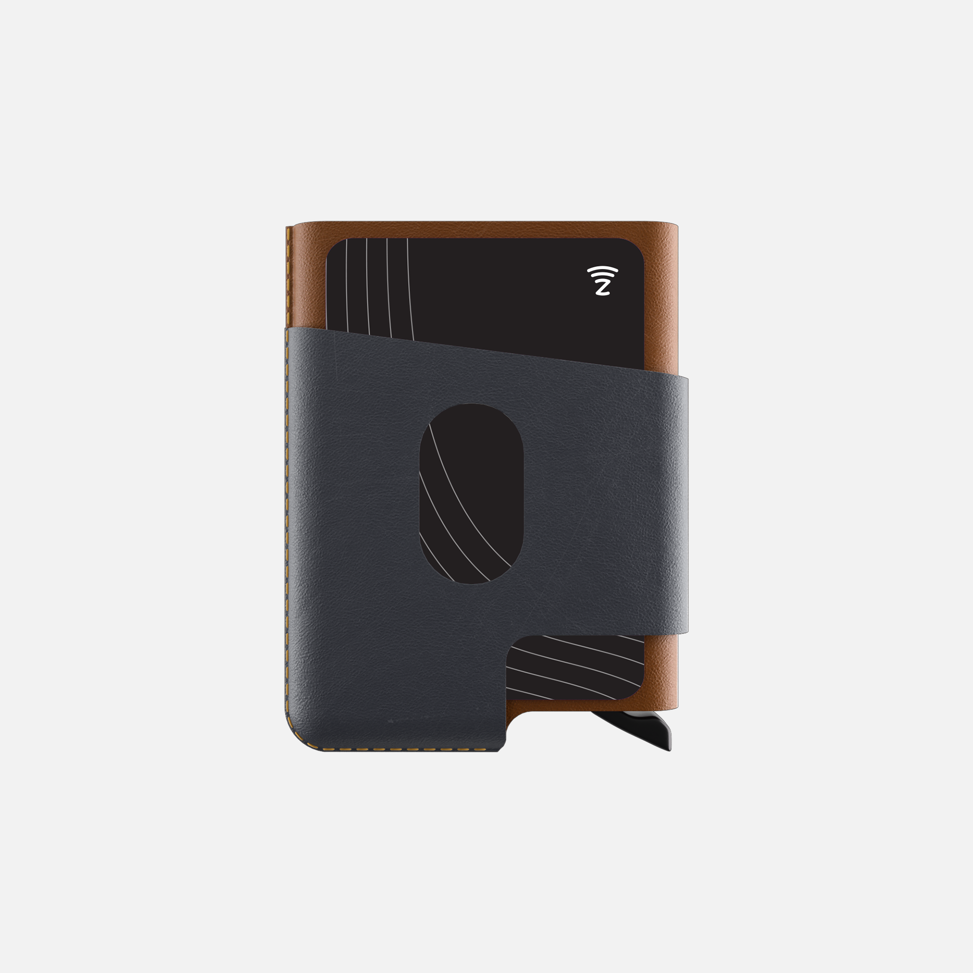Cardholder leather wallet with black credit card inside, isolated on a white background.