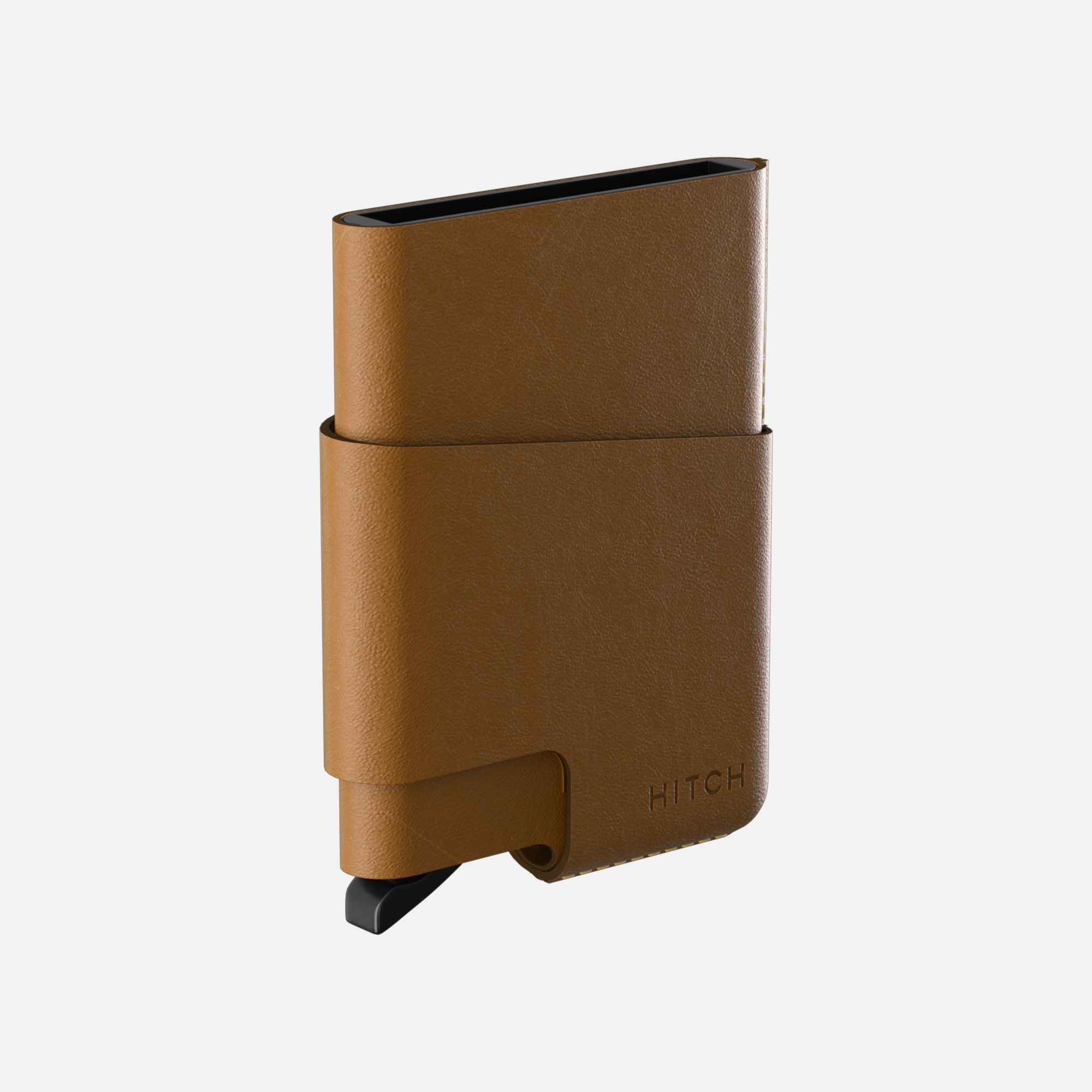 Brown leather smartphone case and HITCH branding on white background.