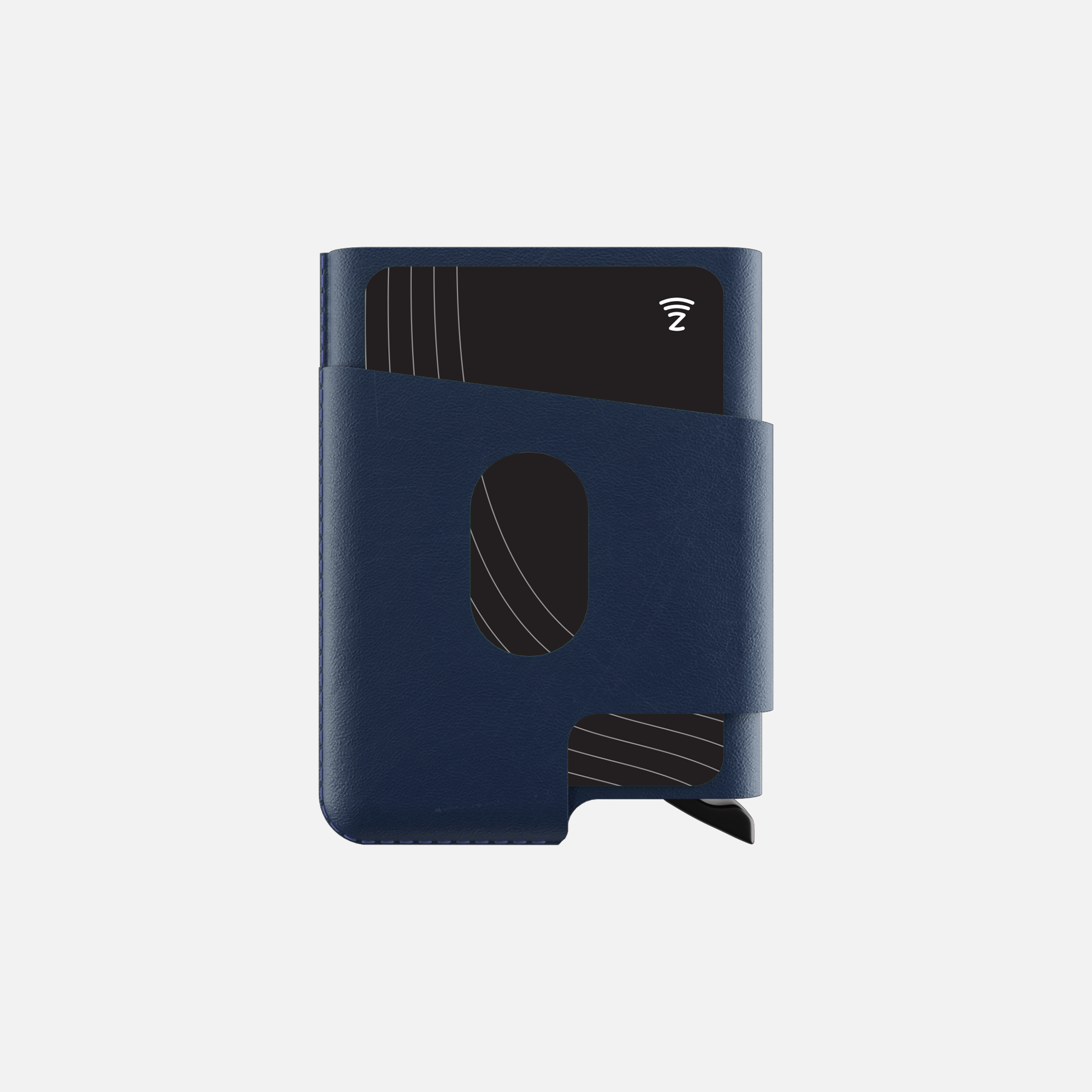 Navy blue leather cardholder wallet with card slot and secure strap on white background.