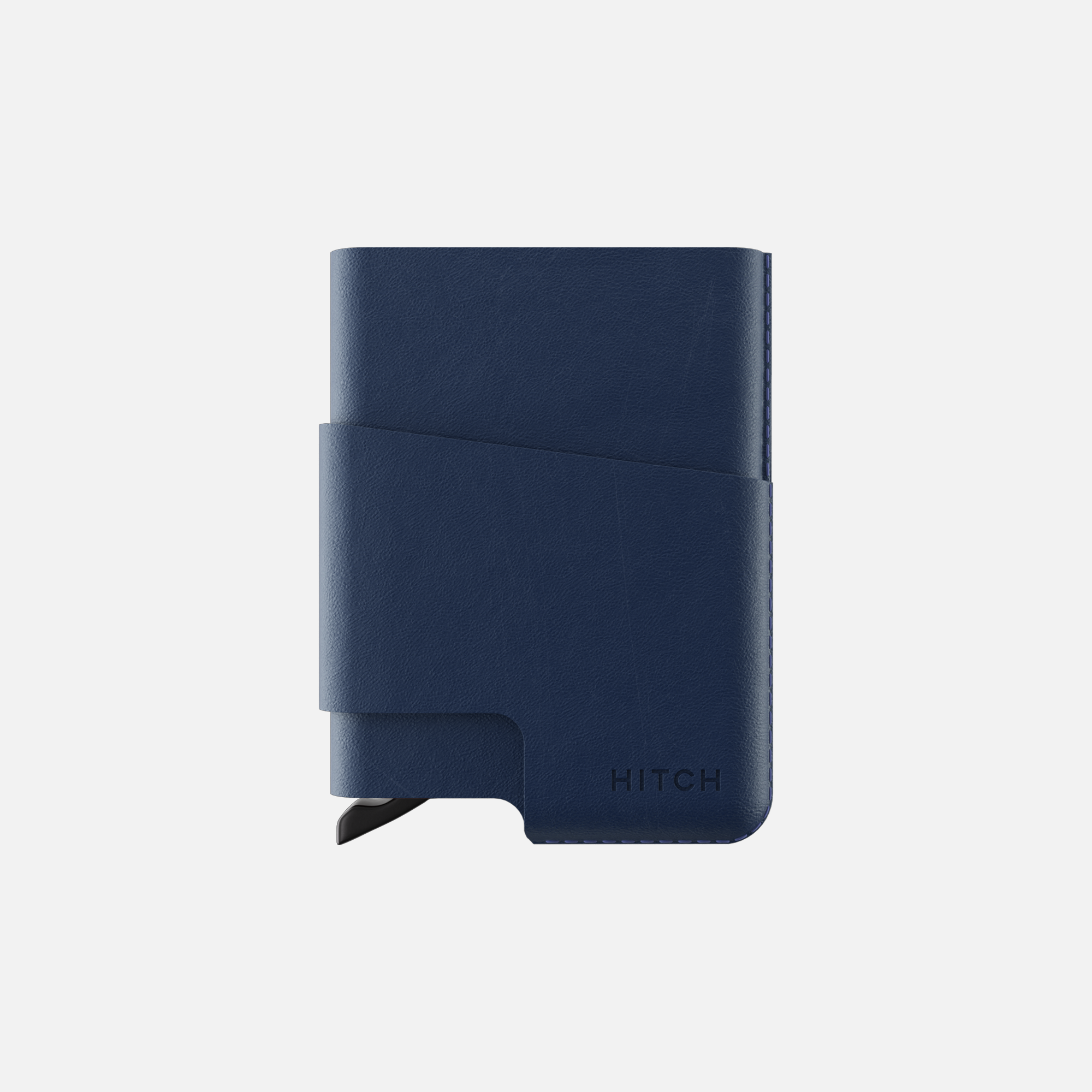Navy blue leather cardholder wallet with elastic closure and branded HITCH" on cover.