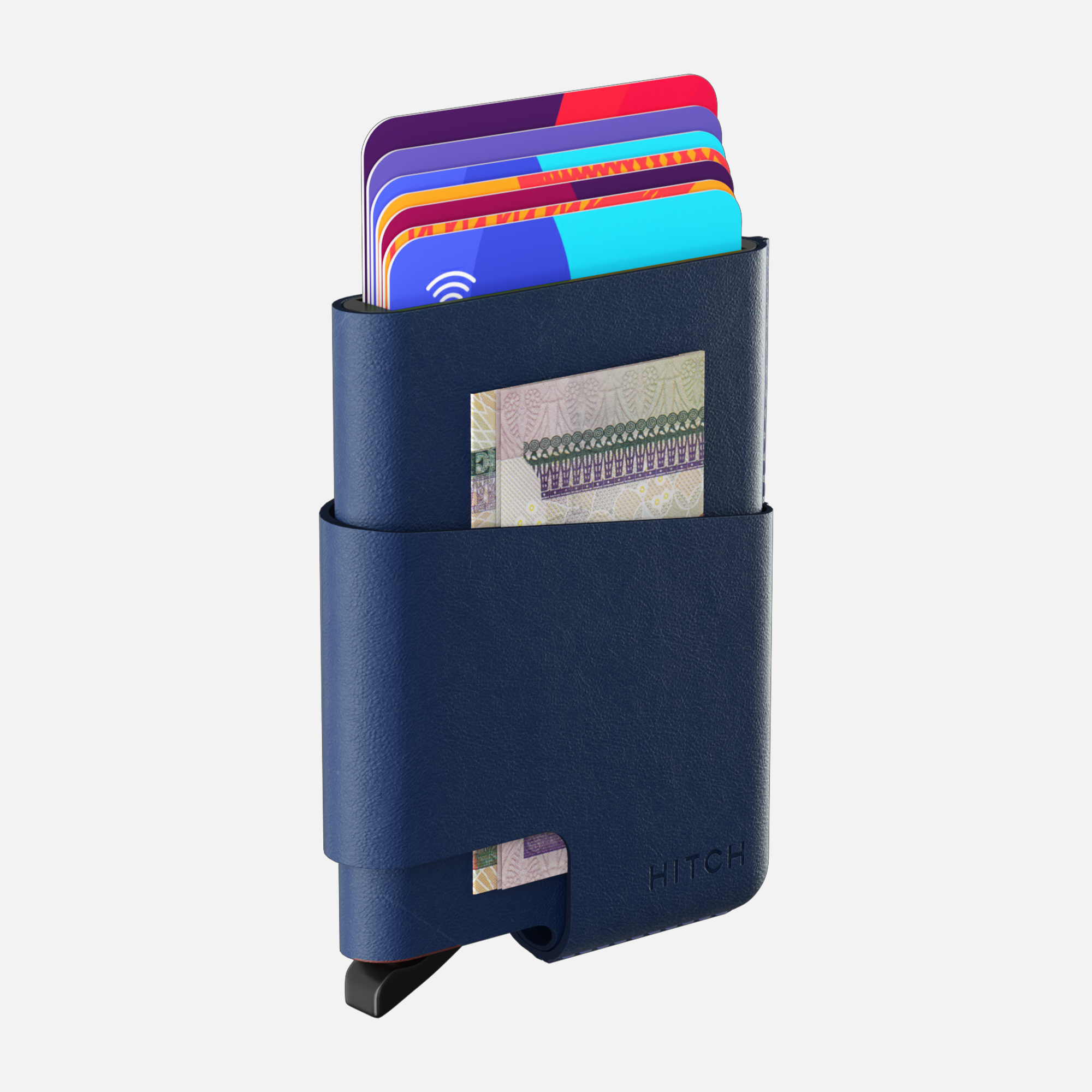 Navy blue leather cardholder wallet with colorful credit cards and cash on white background.