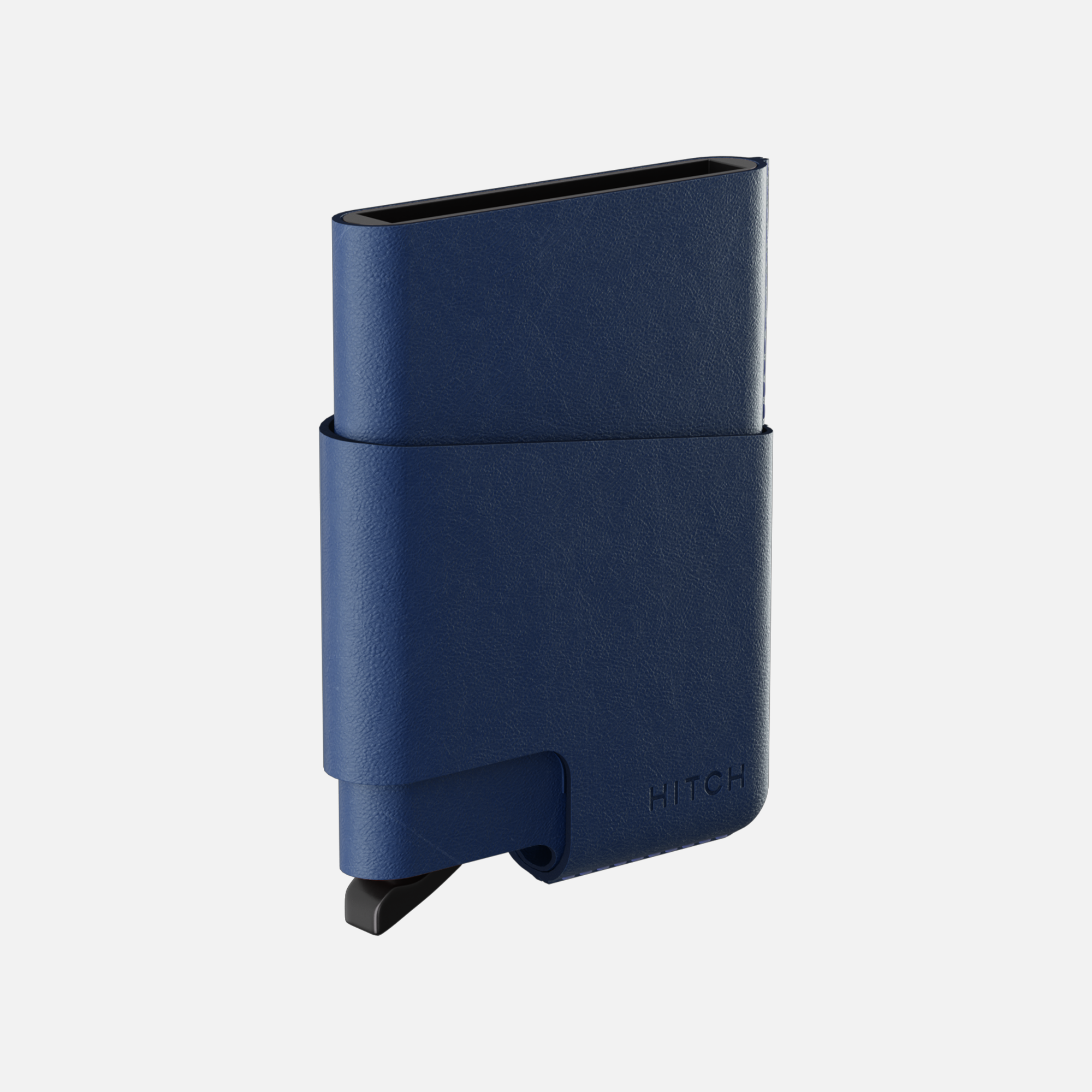 Blue cut-out cardholder wallet on a white background.