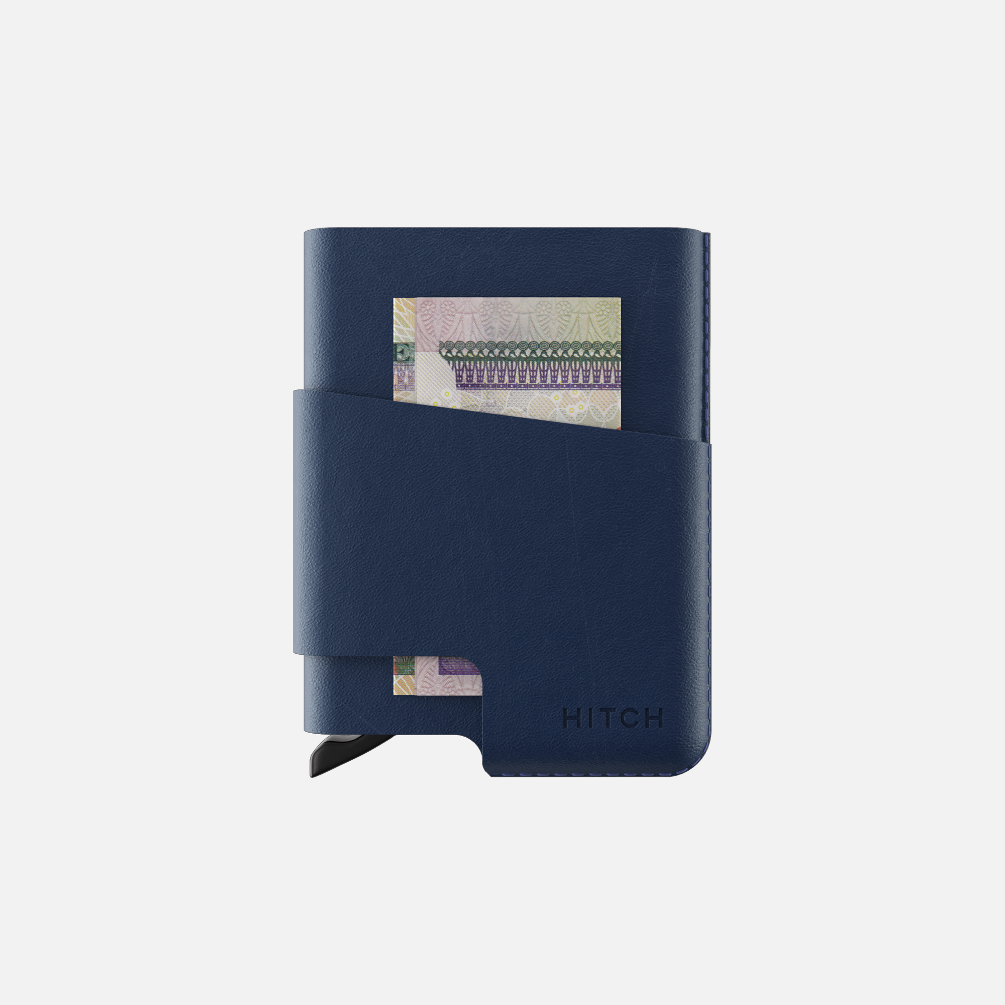 Navy blue leather cardholder wallet with card and bill slots, branded with HITCH" on the front.