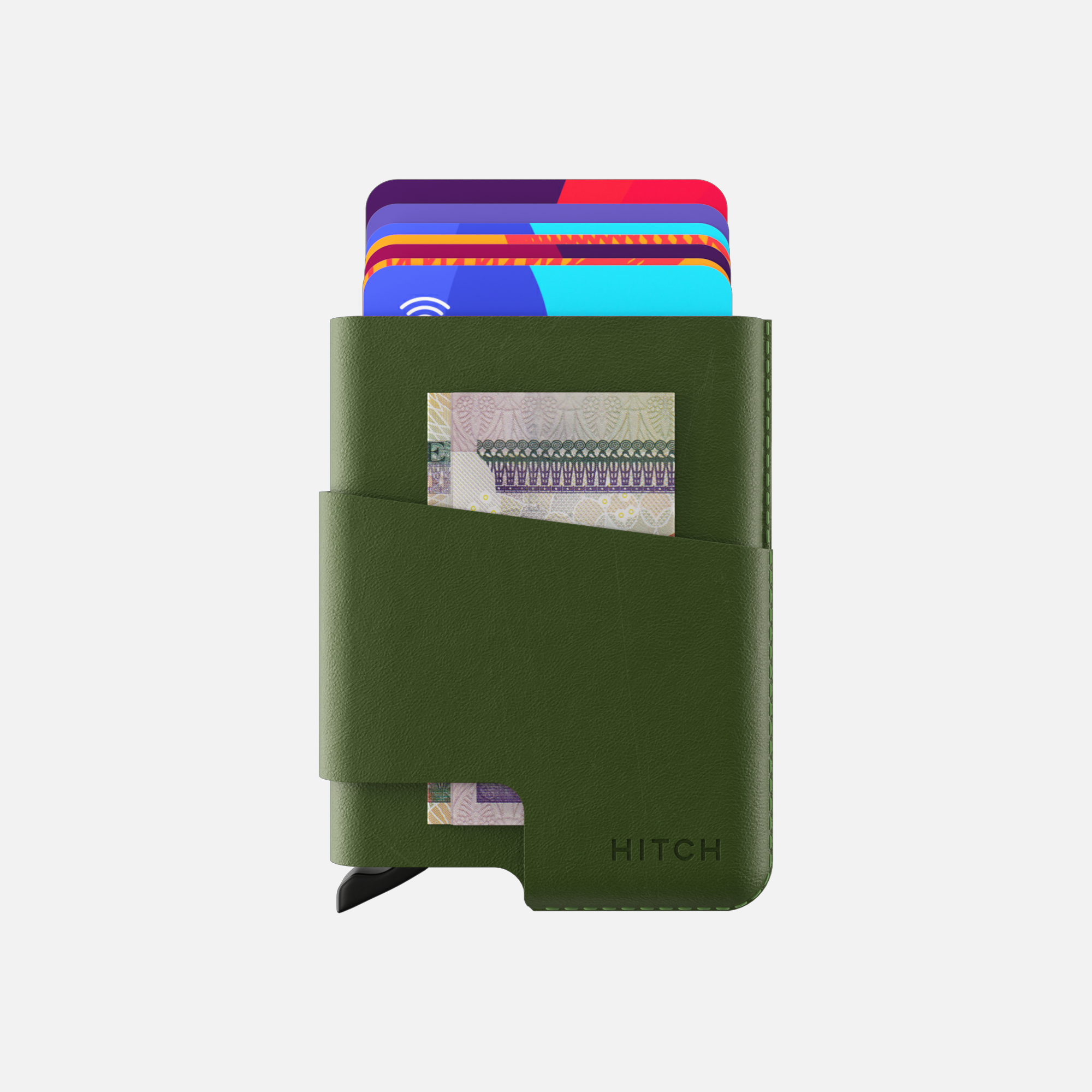 Green leather cardholder wallet with multiple credit cards and cash slot isolated on white background."