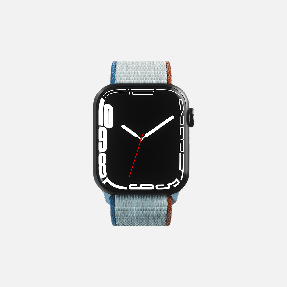 Modern smartwatch with stylish blue and brown band and analog watch face design on white background.