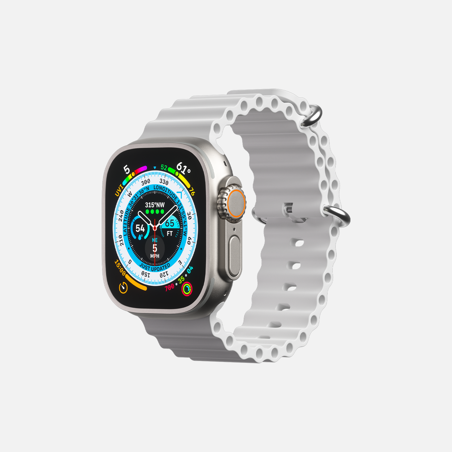 Smartwatch with colorful display and white sports band on a white background.