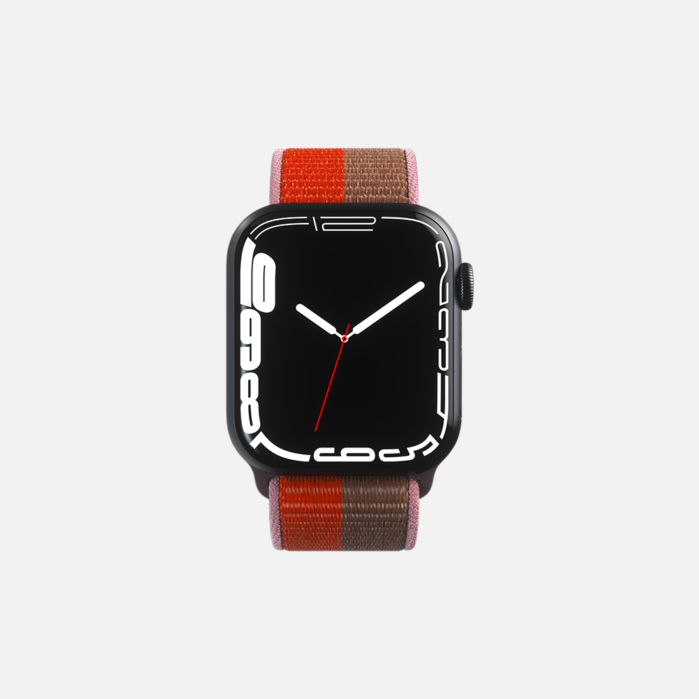 Front face of smartwatch with black case and multicolor band