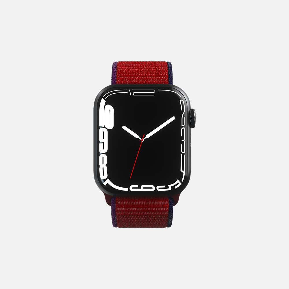 Front of smartwatch with sensors and red-blue loop band
